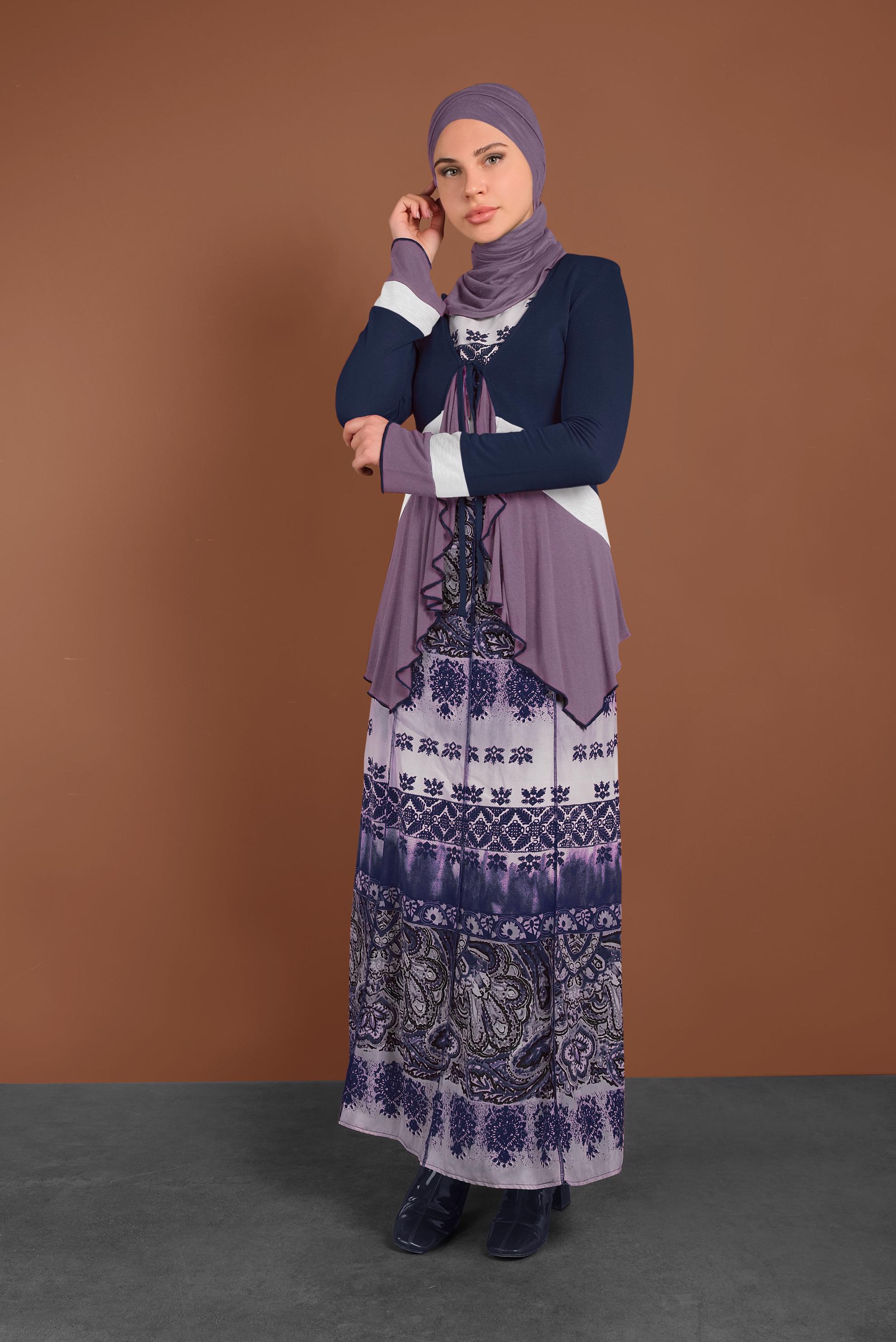 Hijab clothing NAVY BLUE PATTERNED TWO-PIECED DRESS 4576 
