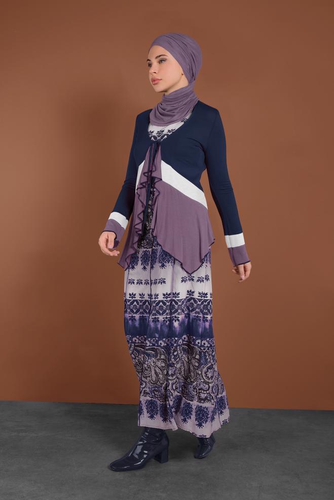 Hijab clothing NAVY BLUE PATTERNED TWO-PIECED DRESS 4576  - ALVİNA