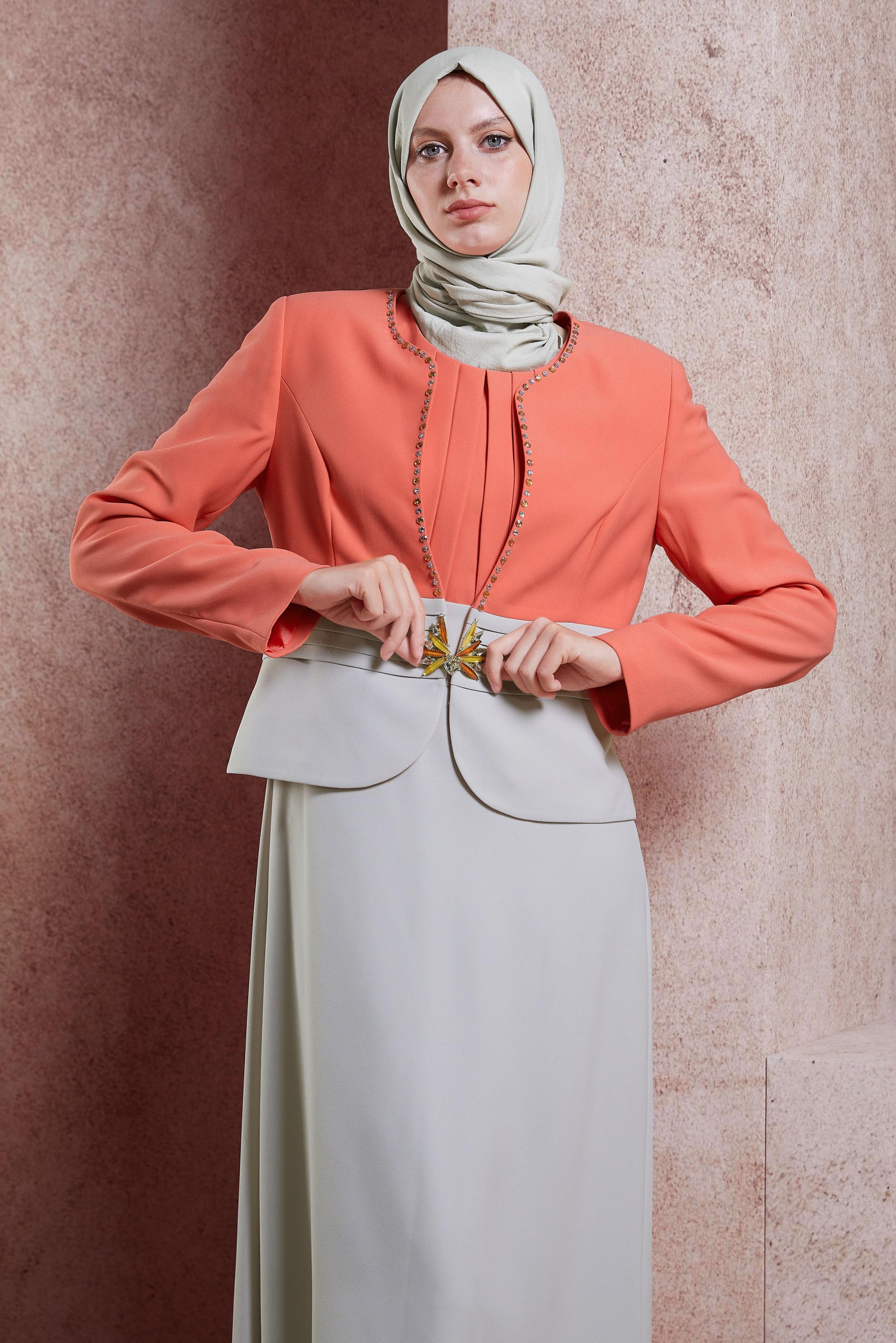 Tesettür giyim PUDRA TAŞ DETAYLI ELBİSELİ TAKIM 3759