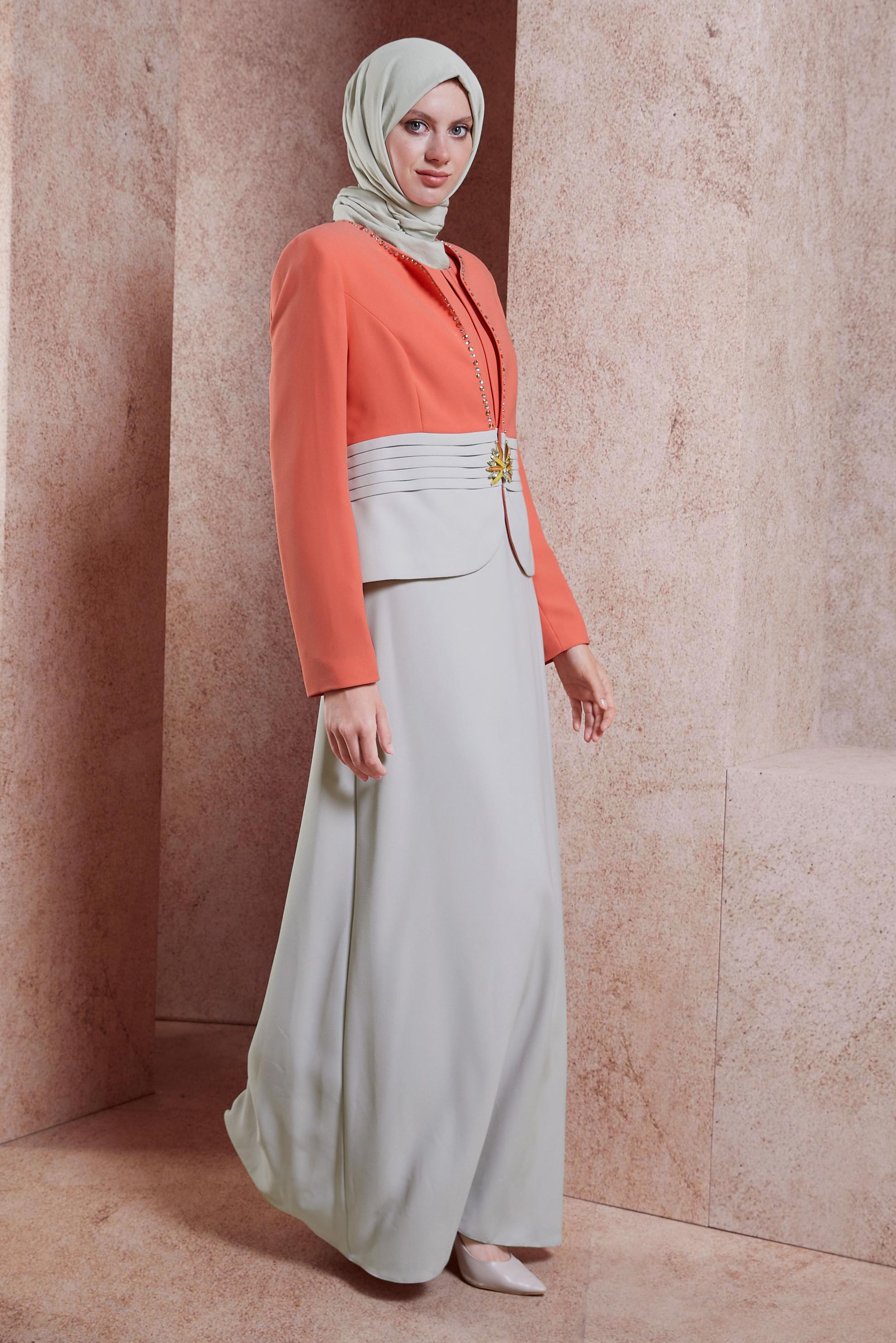 Tesettür giyim PUDRA TAŞ DETAYLI ELBİSELİ TAKIM 3759