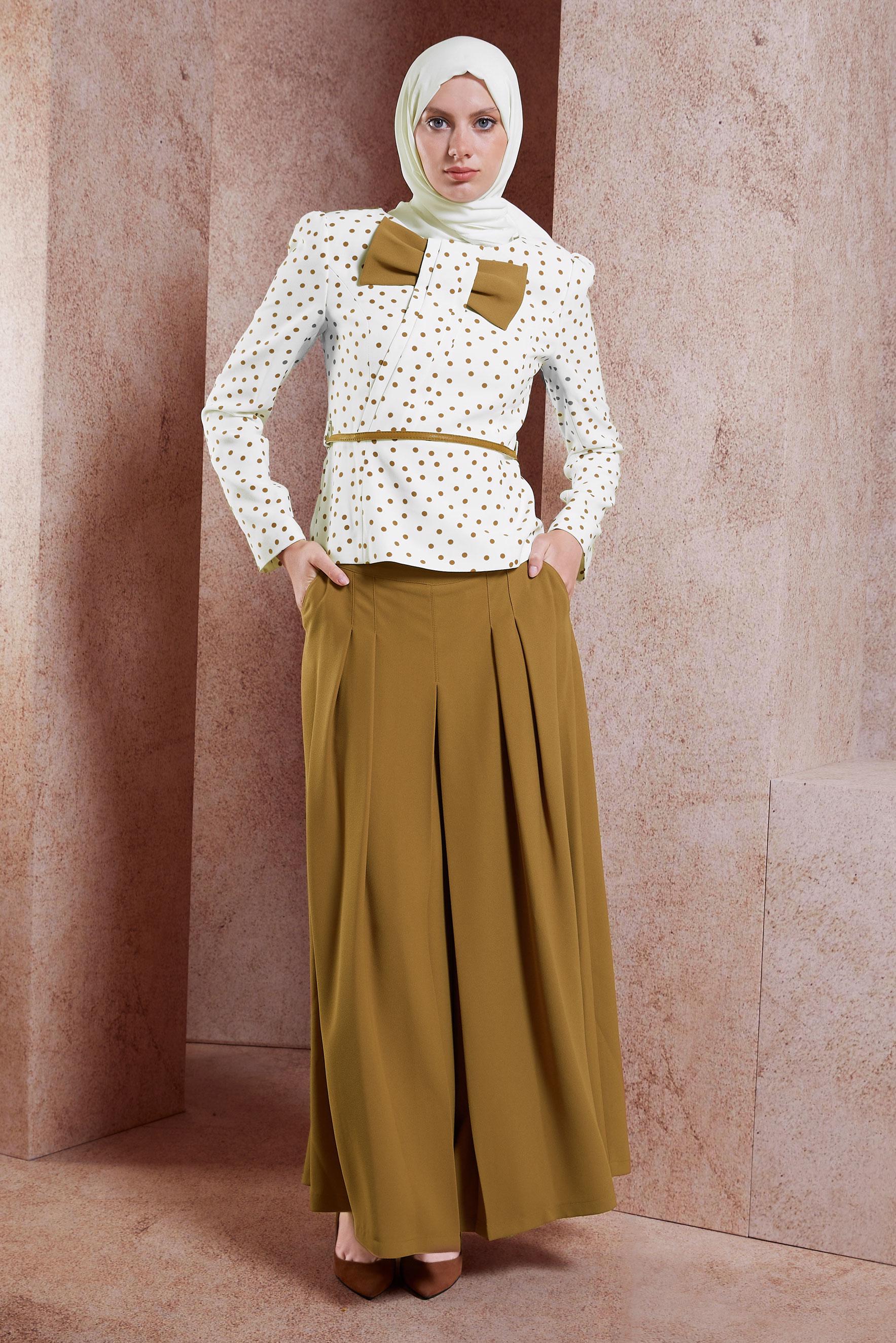Tesettür giyim BEJ PUANTİYELİ PANTOLONLU TAKIM 3767 