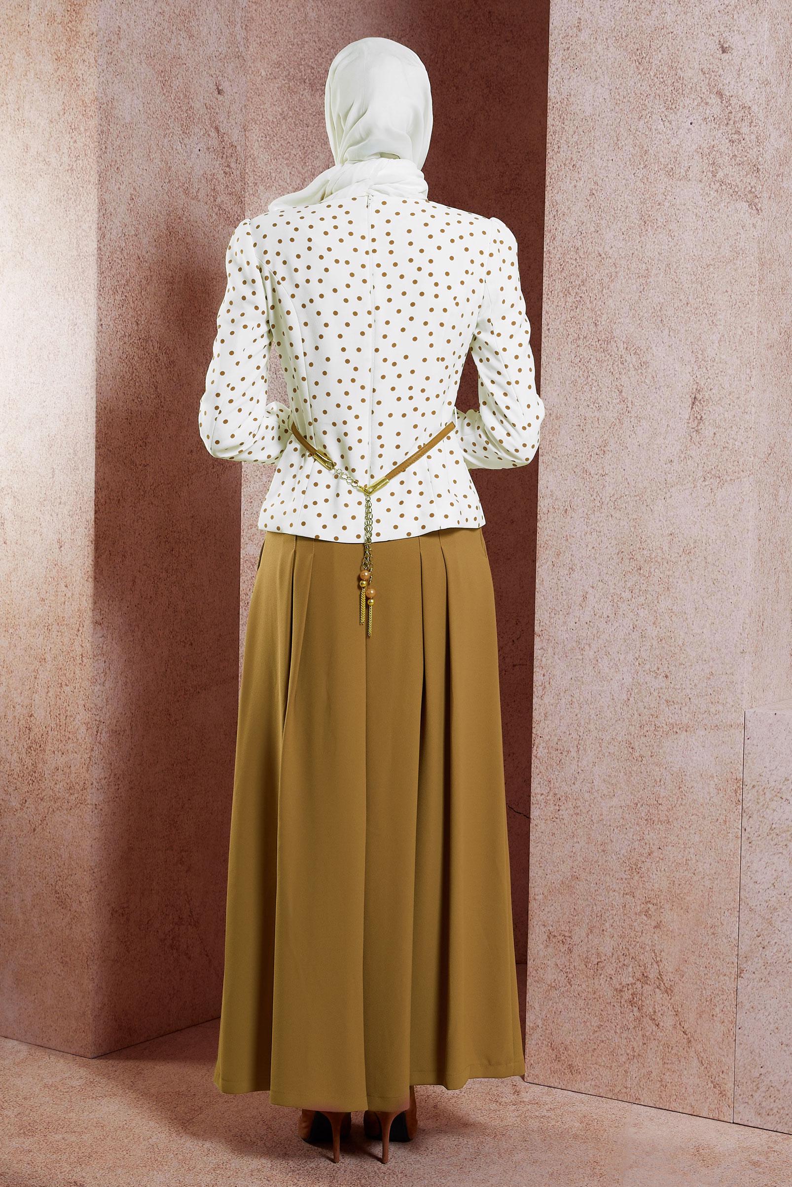 Tesettür giyim BEJ PUANTİYELİ PANTOLONLU TAKIM 3767 