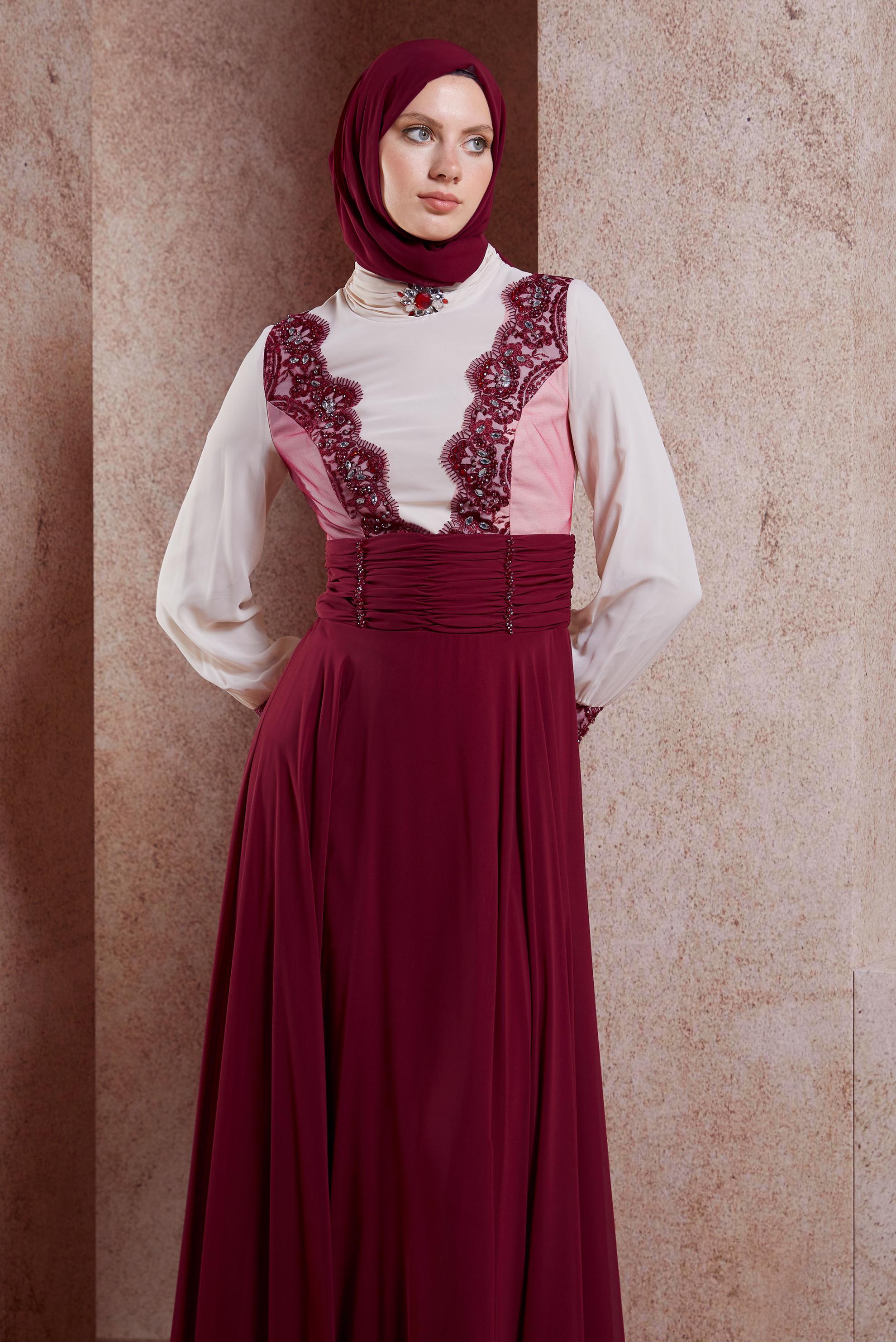 Tesettür giyim BORDO ŞİFON ABİYE ELBİSE 5831
