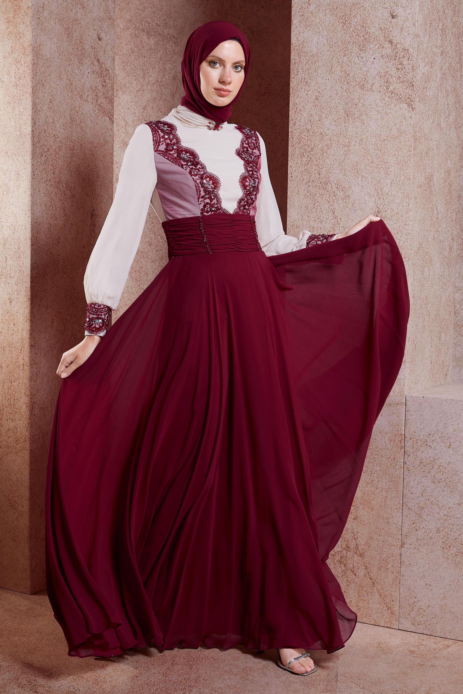 Tesettür giyim BORDO ŞİFON ABİYE ELBİSE 5831