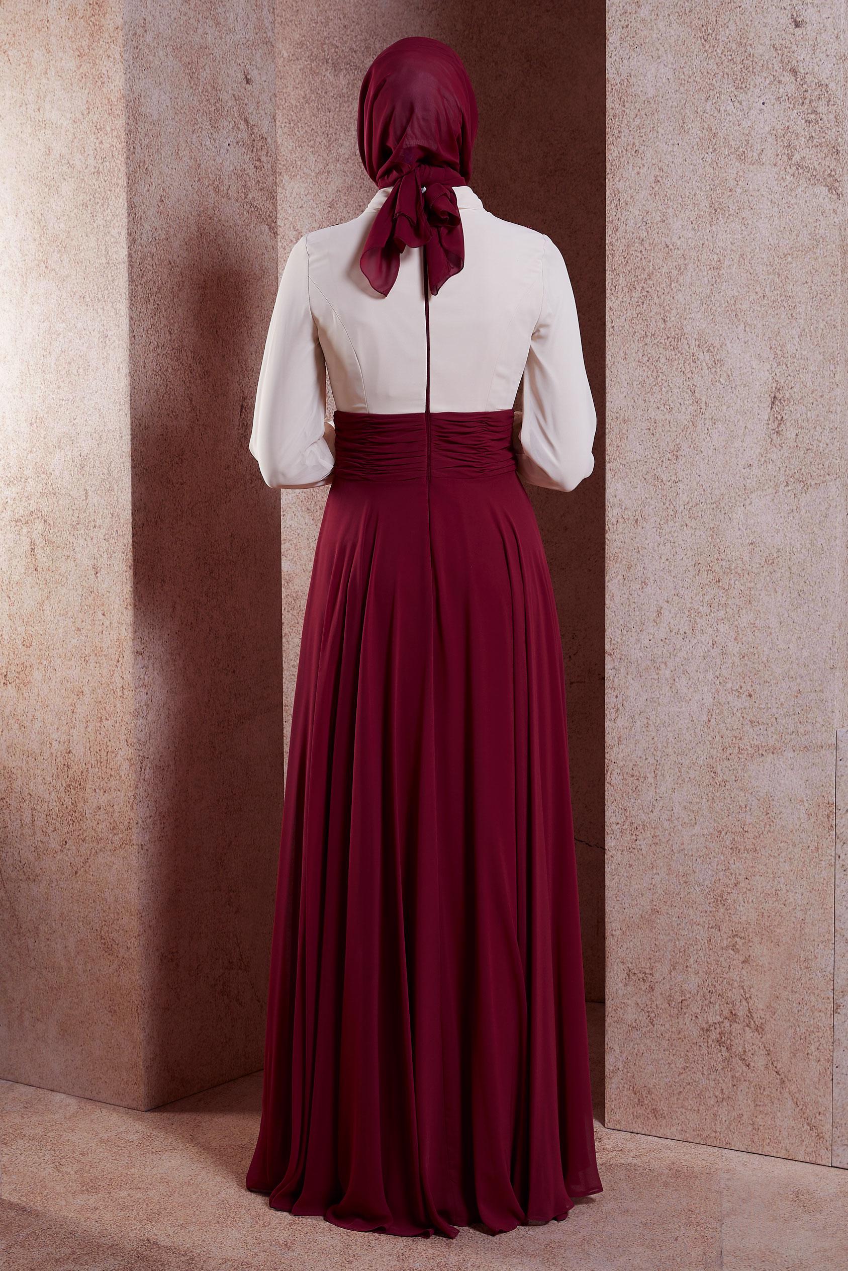 Tesettür giyim BORDO ŞİFON ABİYE ELBİSE 5831