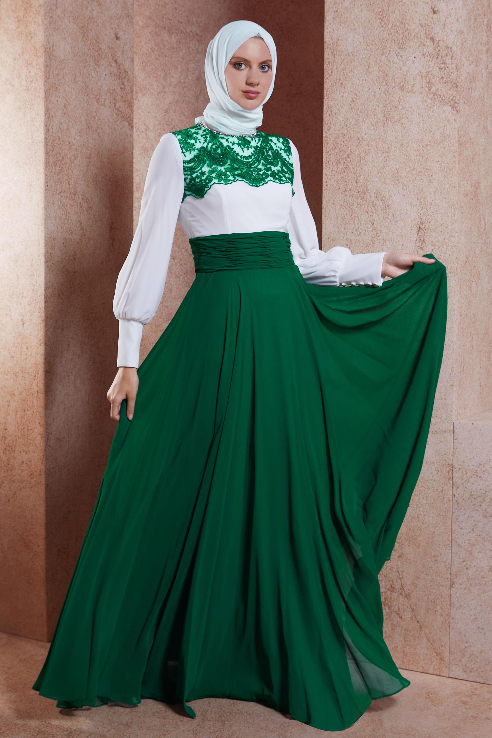 Tesettür giyim BEJ İŞLEME DETAYLI ŞİFON ABİYE ELBİSE 5887