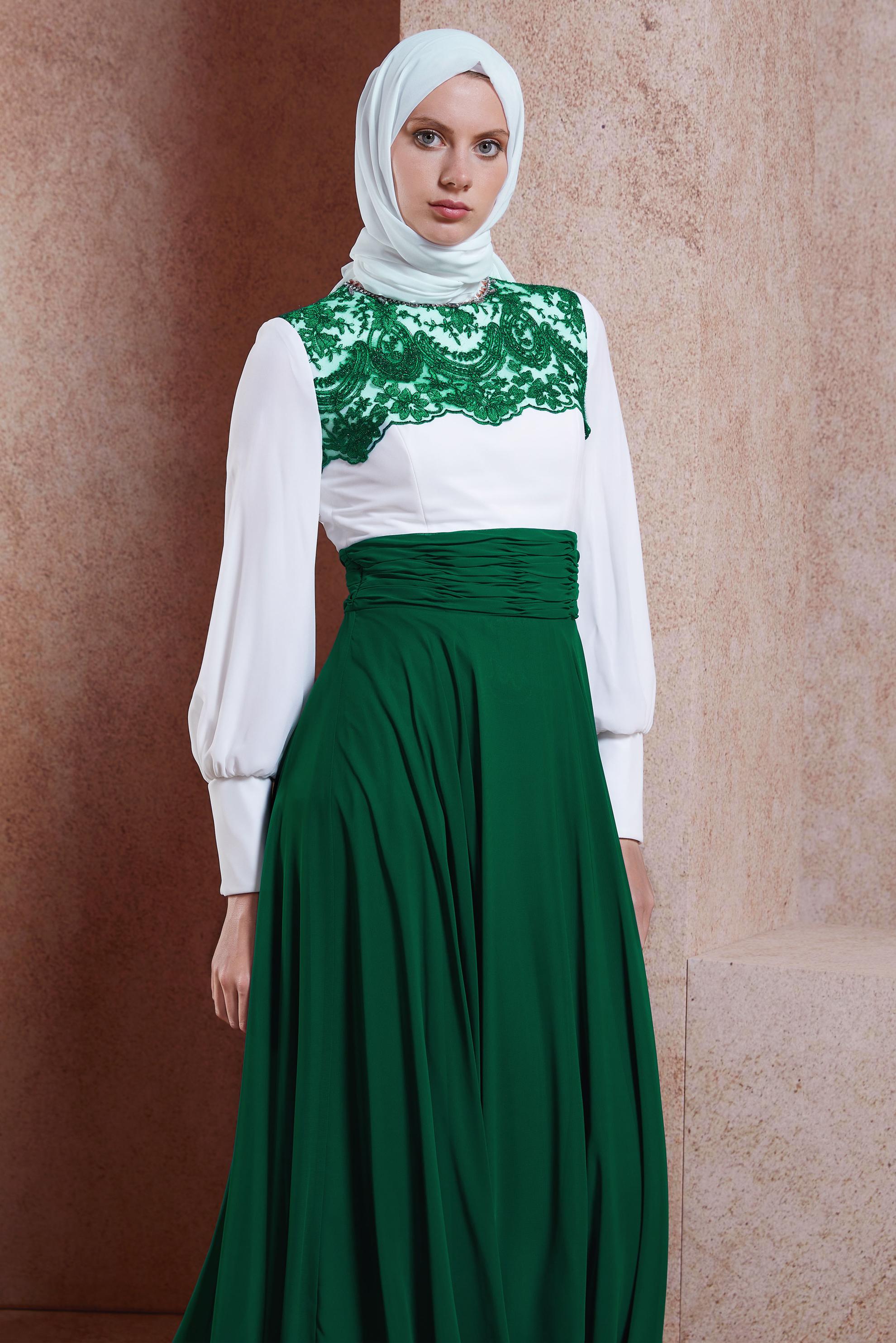 Tesettür giyim BEJ İŞLEME DETAYLI ŞİFON ABİYE ELBİSE 5887