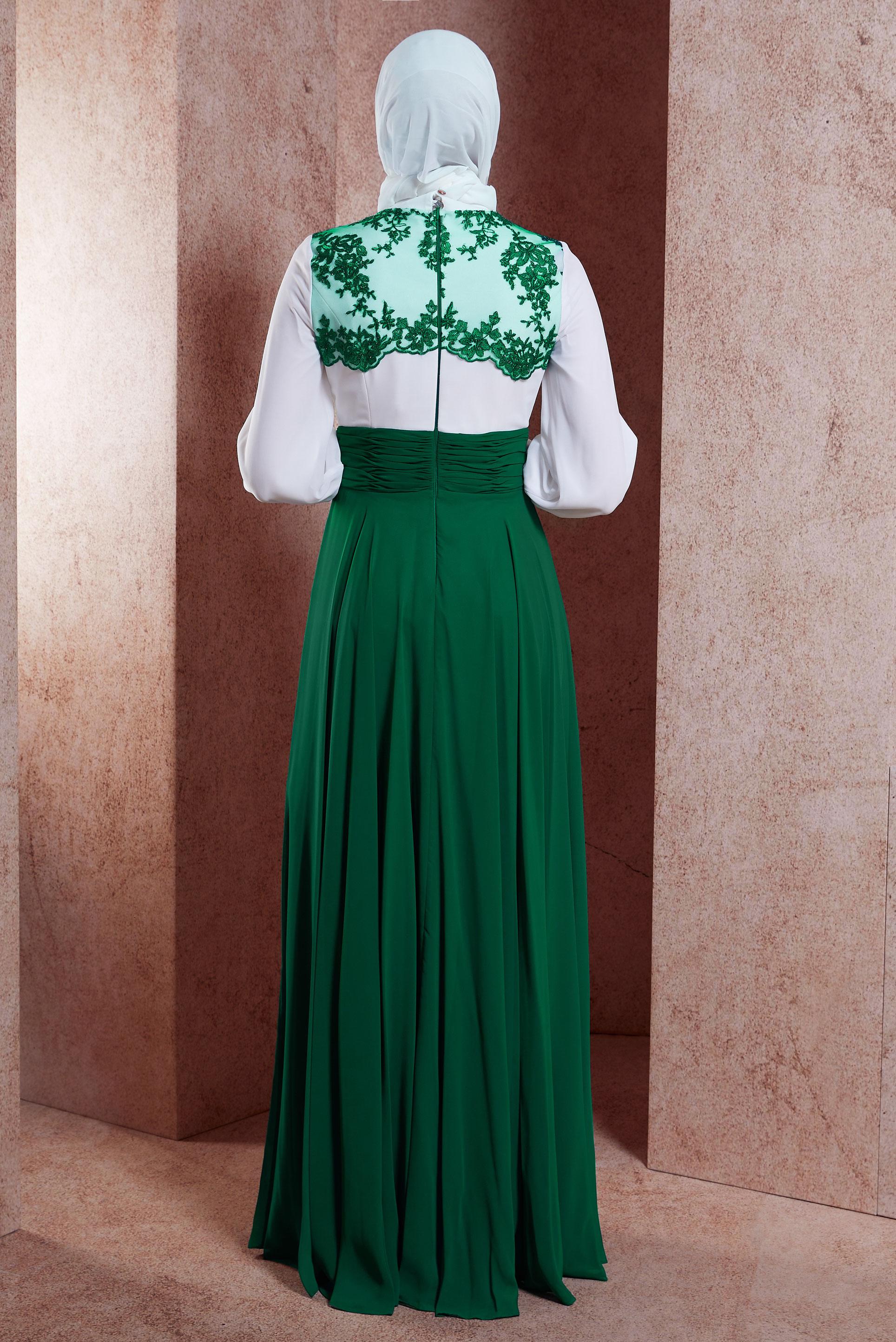 Tesettür giyim BEJ İŞLEME DETAYLI ŞİFON ABİYE ELBİSE 5887