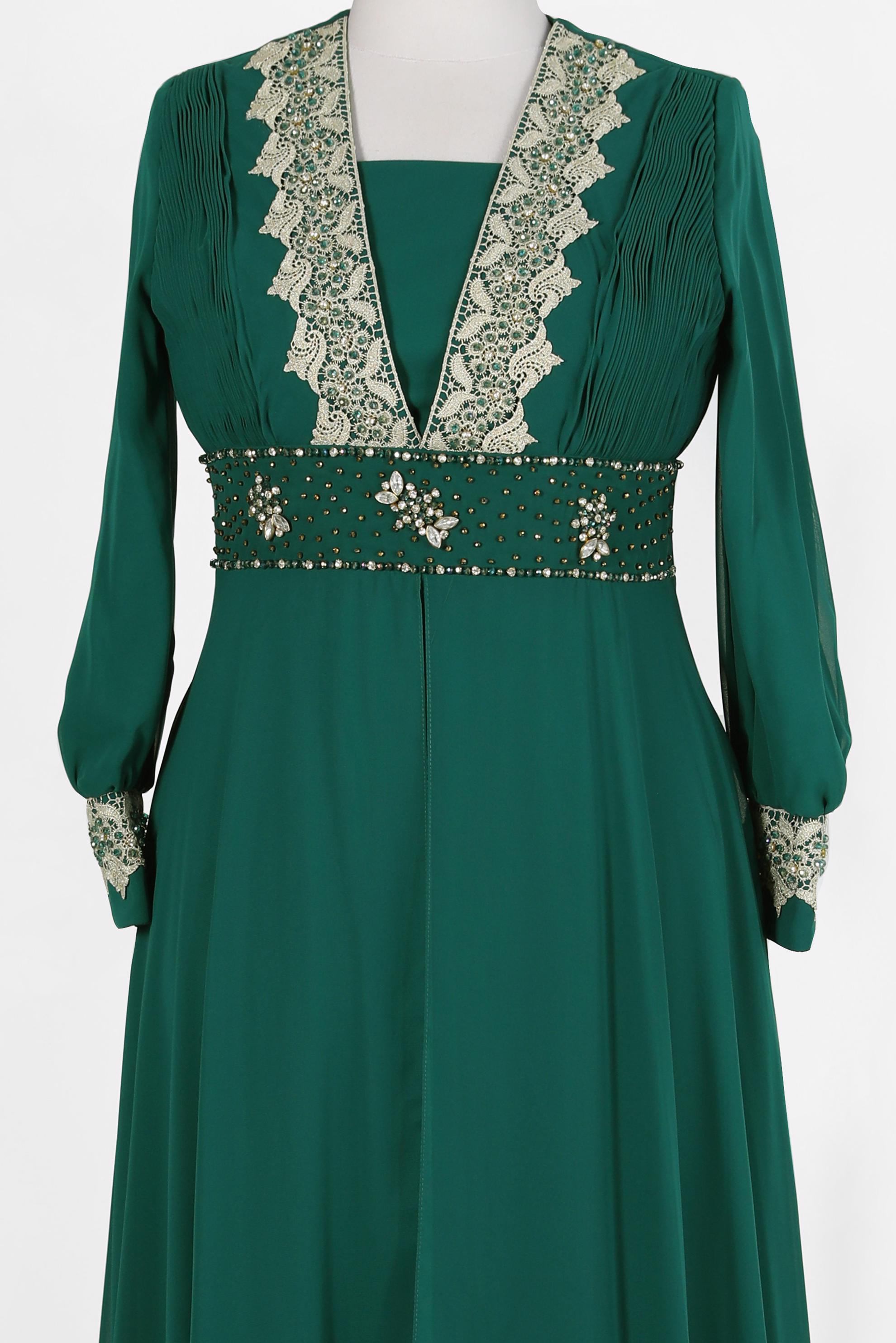 Tesettür giyim YEŞİL İŞLEMELİ ŞİFON ABİYE ELBİSE 5916