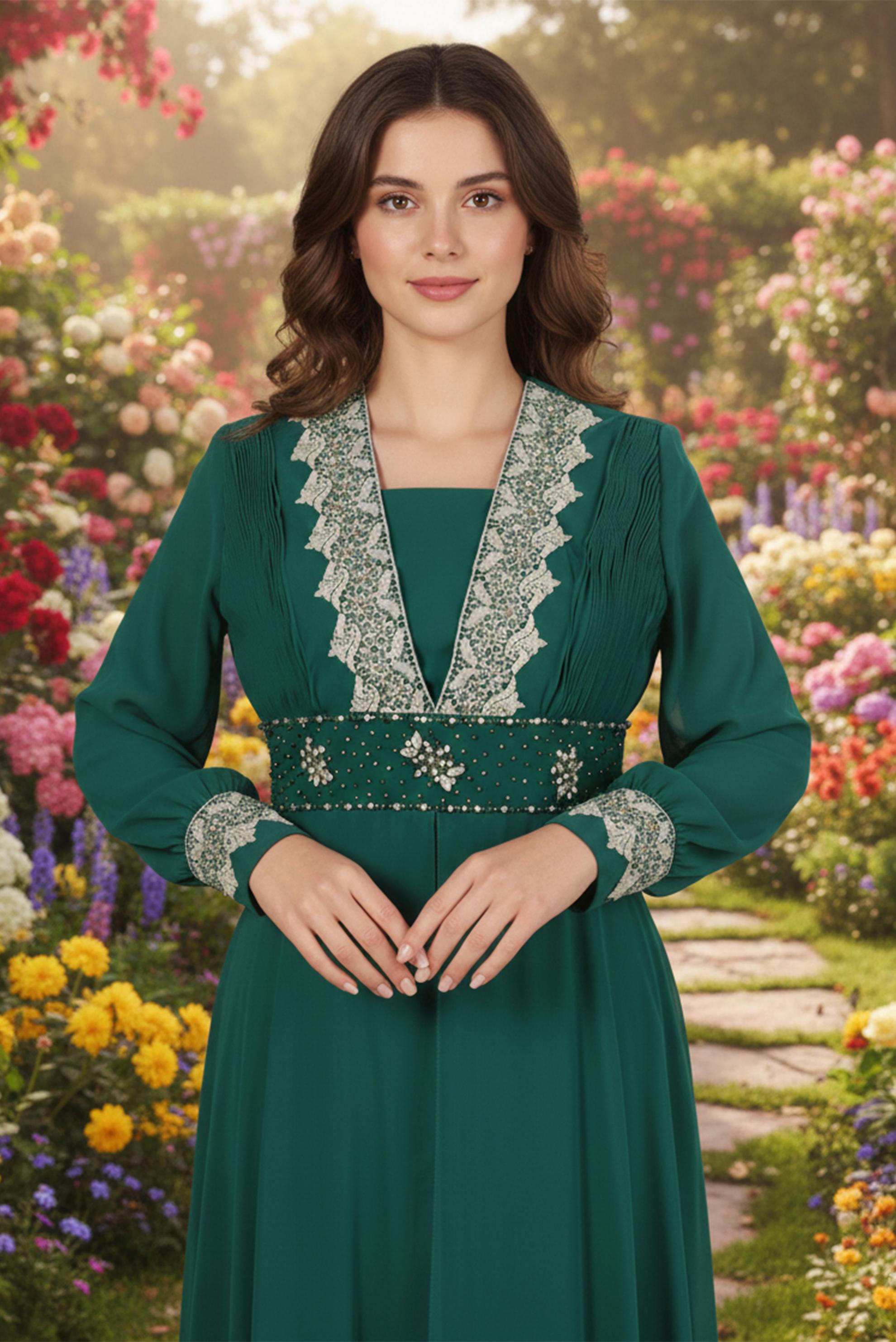 Tesettür giyim YEŞİL İŞLEMELİ ŞİFON ABİYE ELBİSE 5916