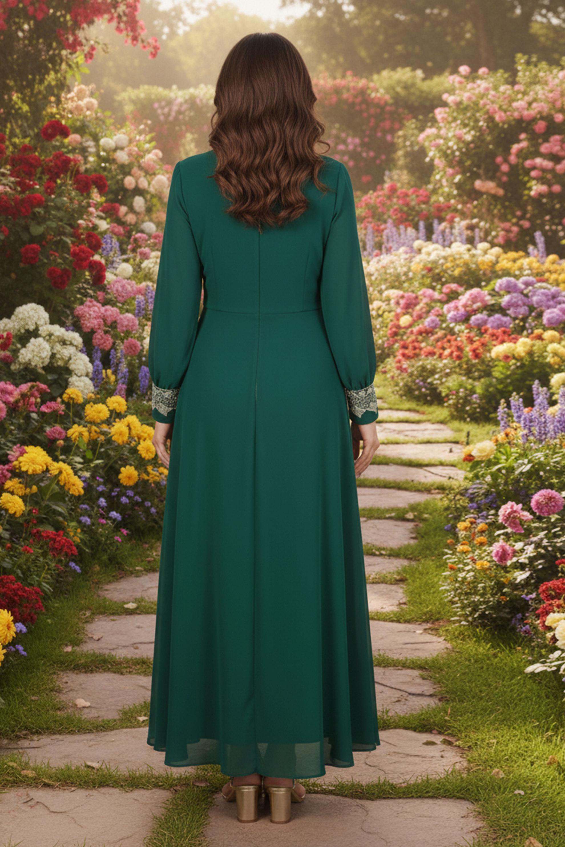 Tesettür giyim YEŞİL İŞLEMELİ ŞİFON ABİYE ELBİSE 5916