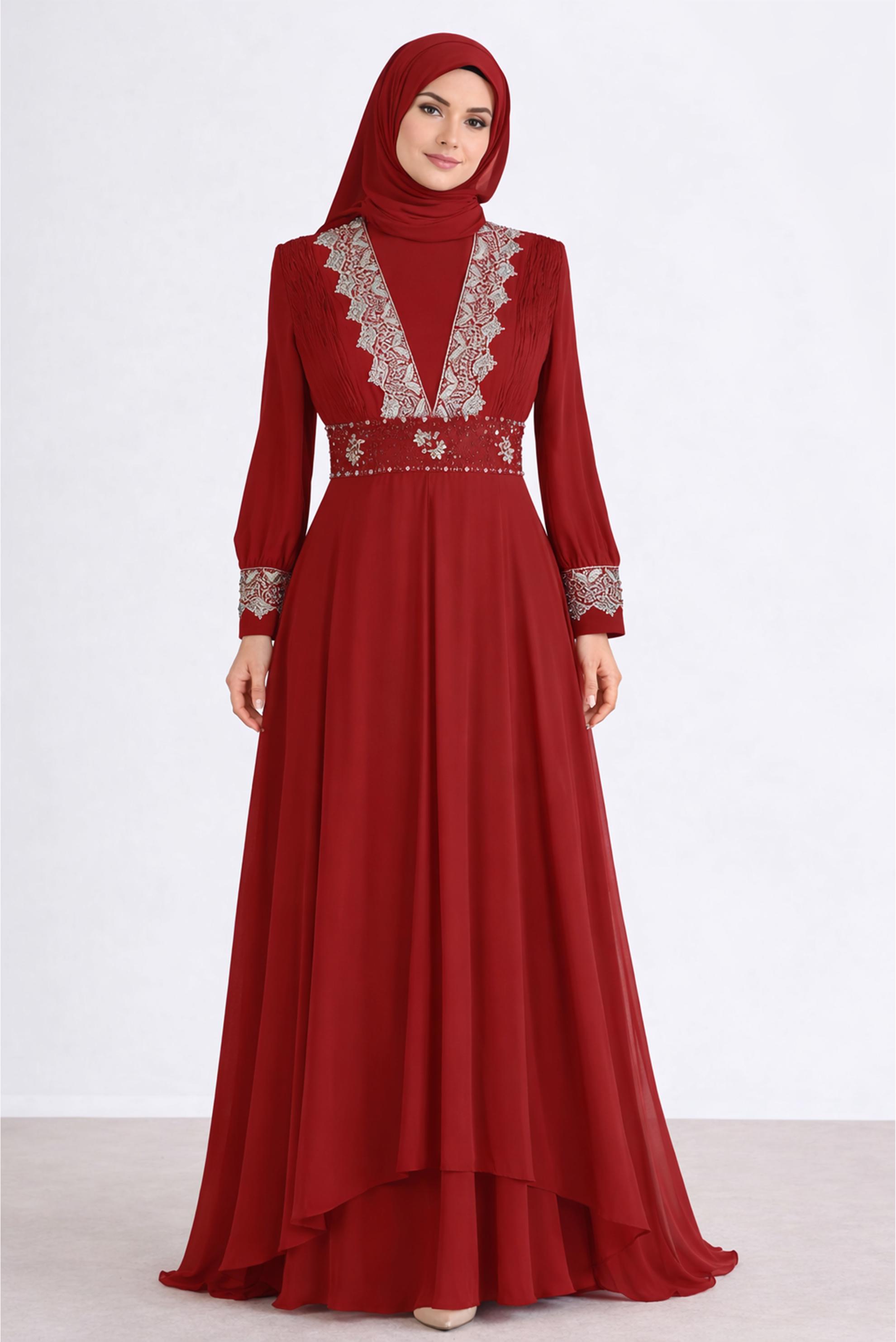 Tesettür giyim BORDO İŞLEMELİ ŞİFON ABİYE ELBİSE 5916