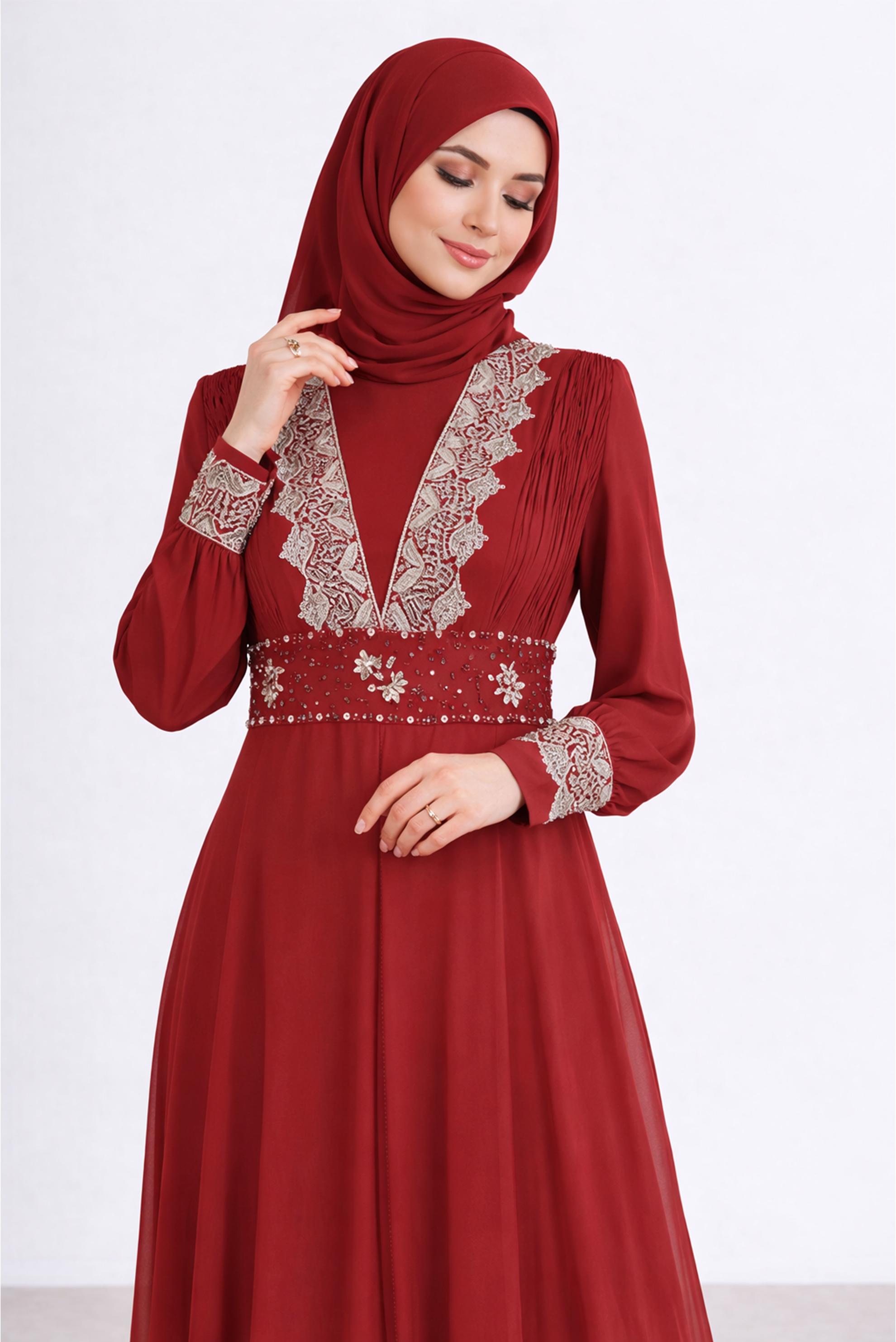 Tesettür giyim BORDO İŞLEMELİ ŞİFON ABİYE ELBİSE 5916