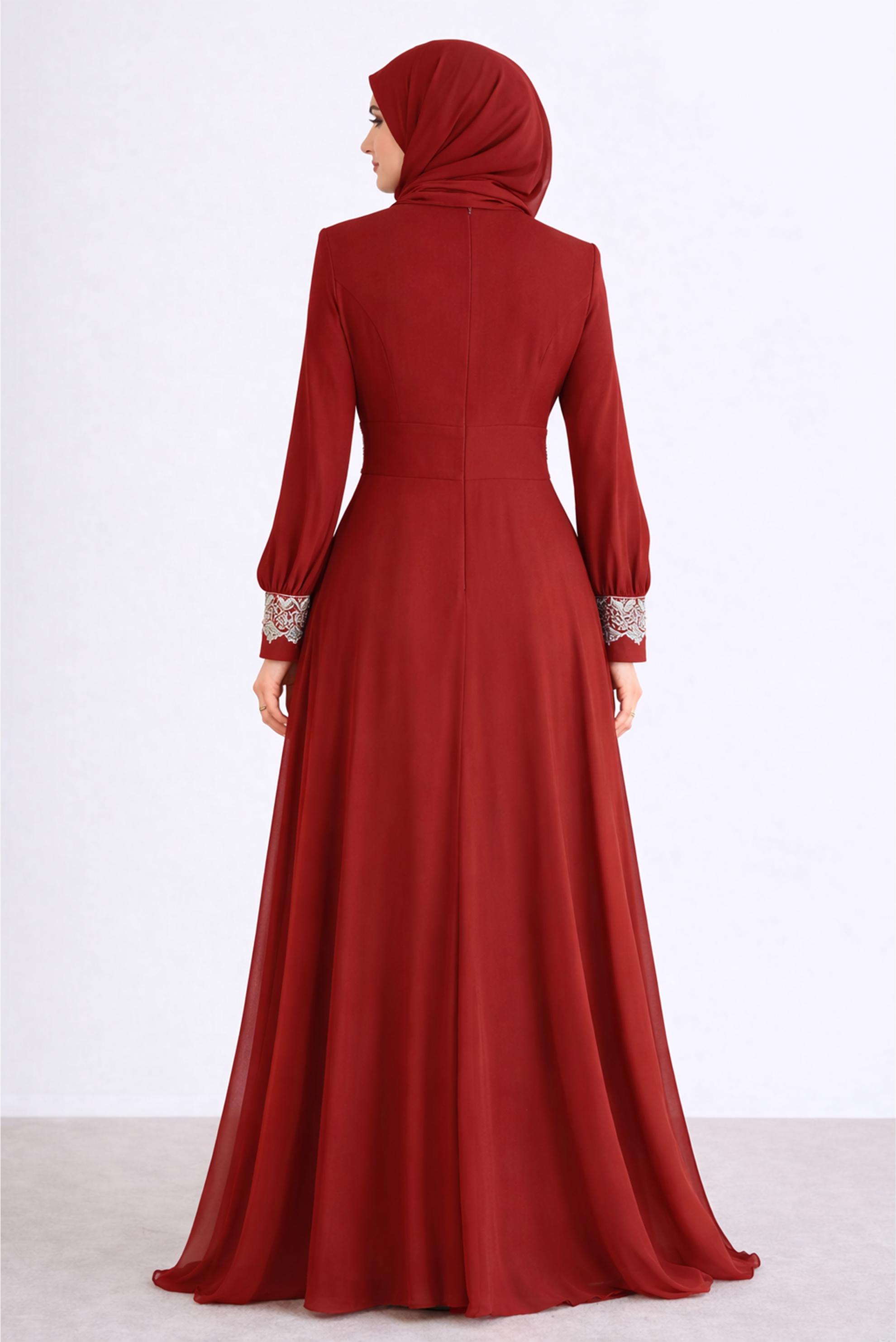 Tesettür giyim BORDO İŞLEMELİ ŞİFON ABİYE ELBİSE 5916