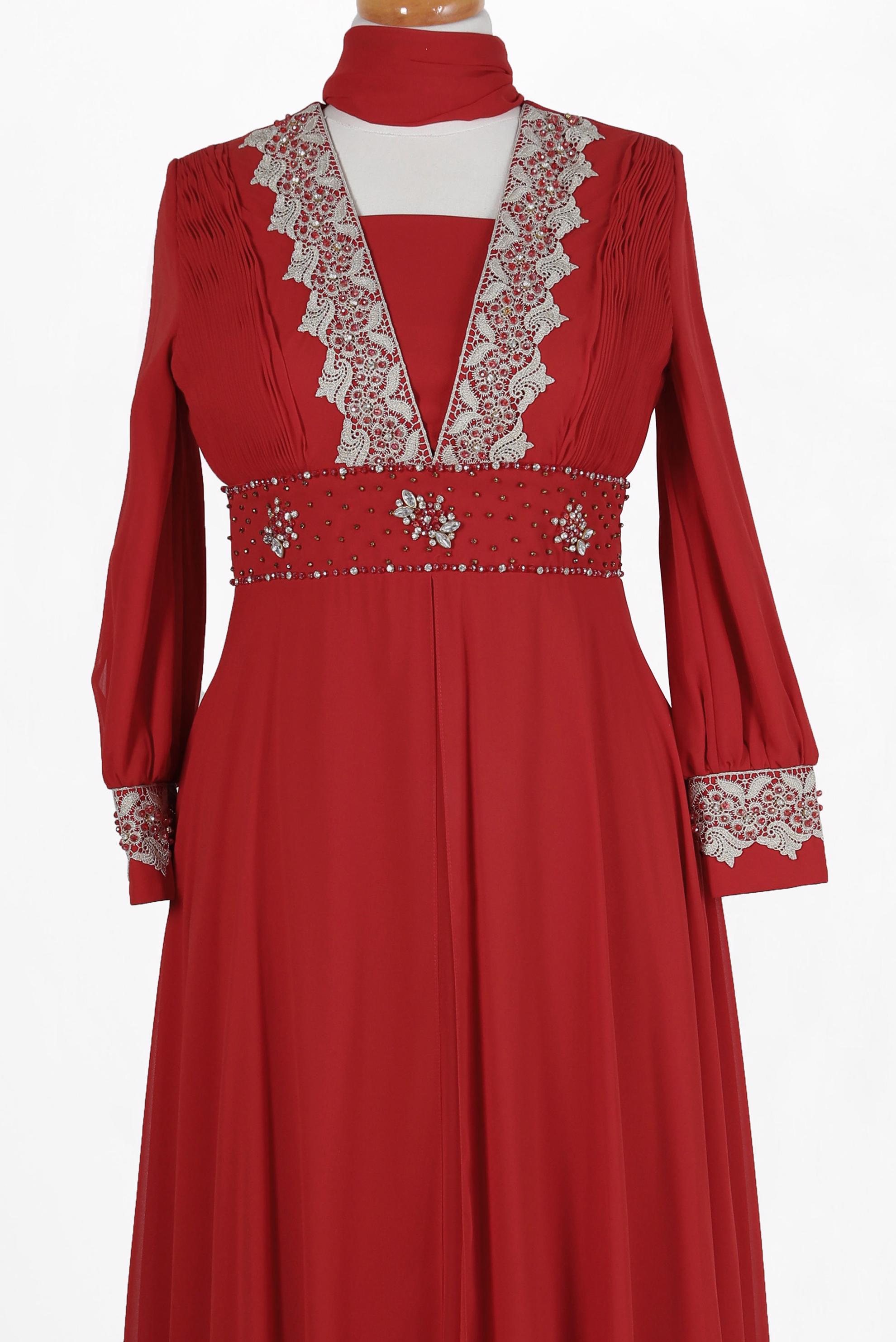 Tesettür giyim BORDO İŞLEMELİ ŞİFON ABİYE ELBİSE 5916