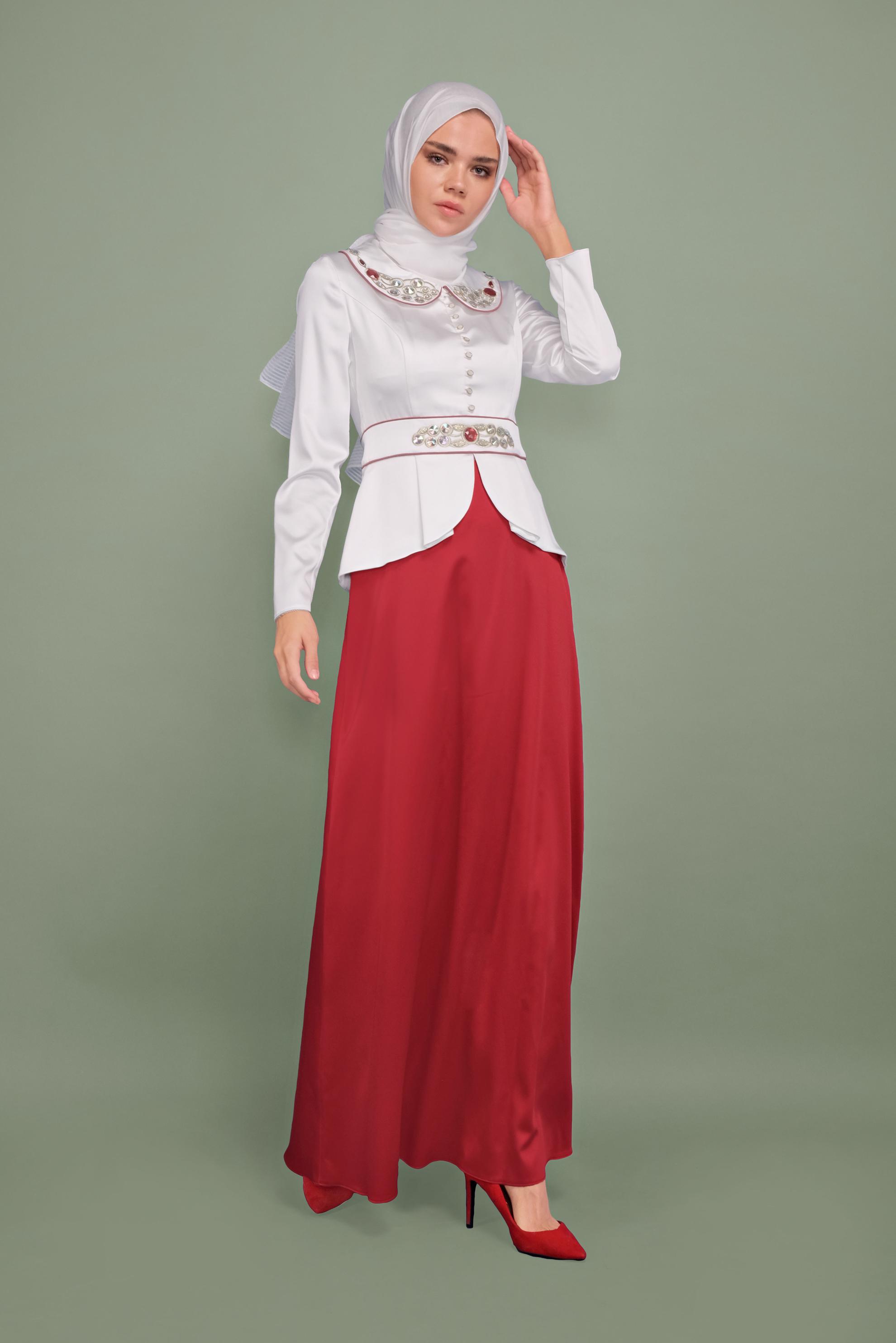 Tesettür giyim KIRMIZI BEBE YAKA SATEN ABİYE ELBİSE 5938