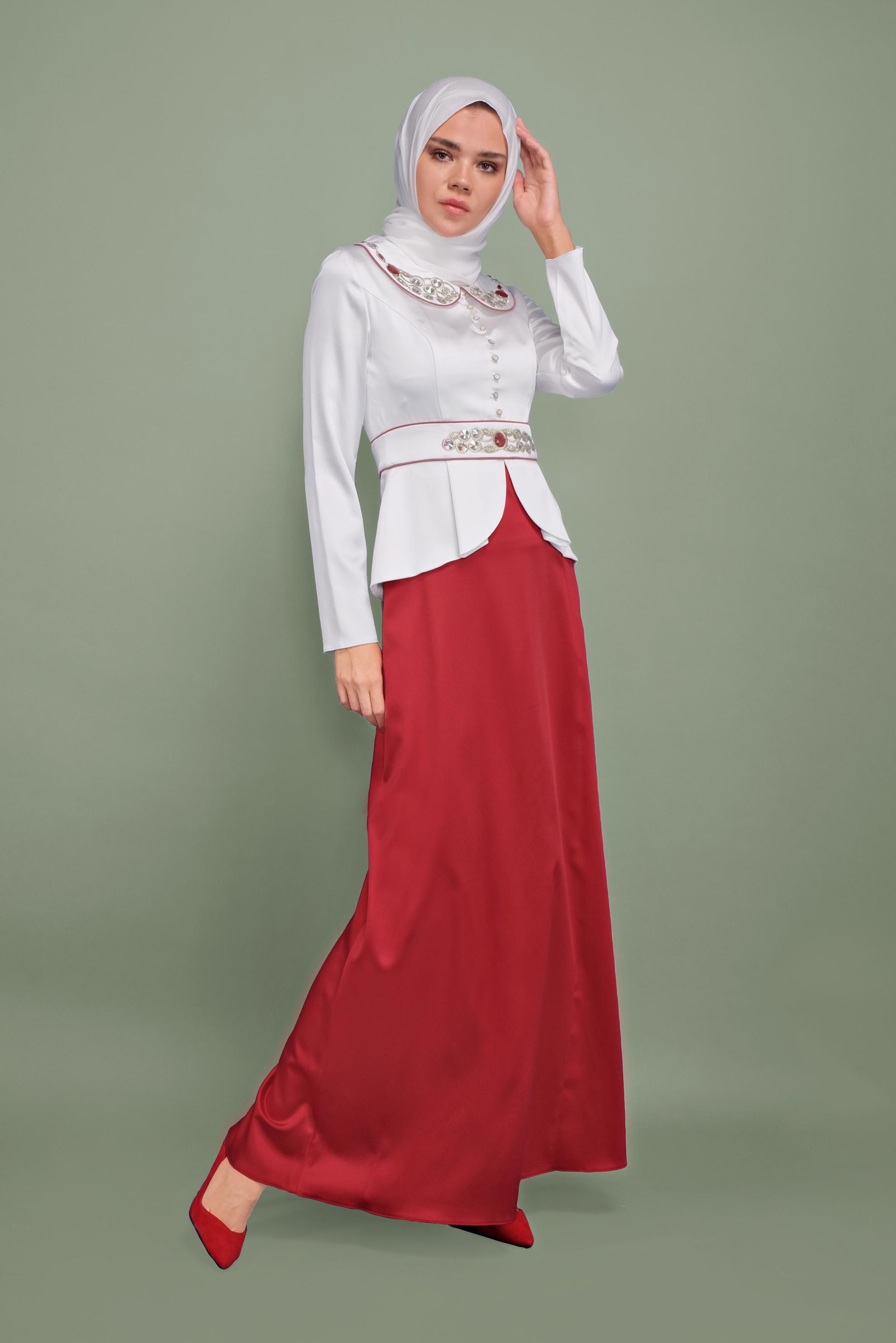 Tesettür giyim KIRMIZI BEBE YAKA SATEN ABİYE ELBİSE 5938