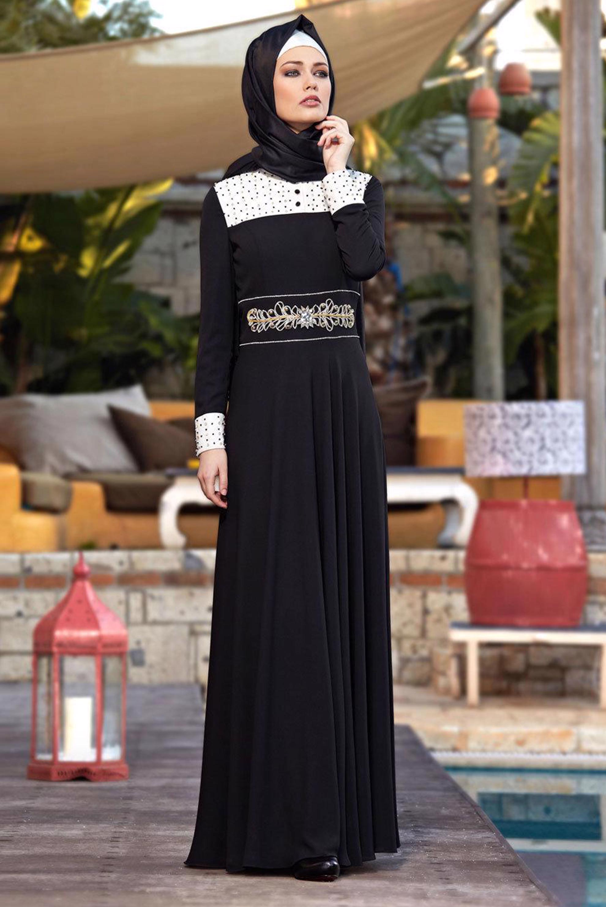 Tesettür giyim SİYAH TAŞ DETAYLI ŞİFON ABİYE ELBİSE 5939