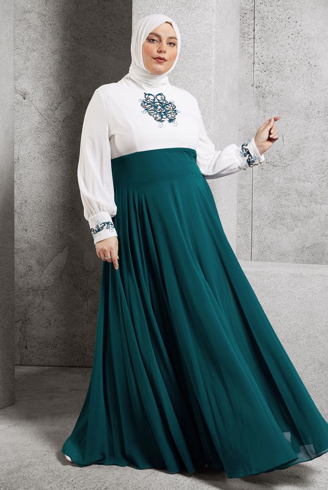 Tesettür giyim BEYAZ İŞLEME DETAYLI ABİYE ELBİSE 5942  - ALVİNA