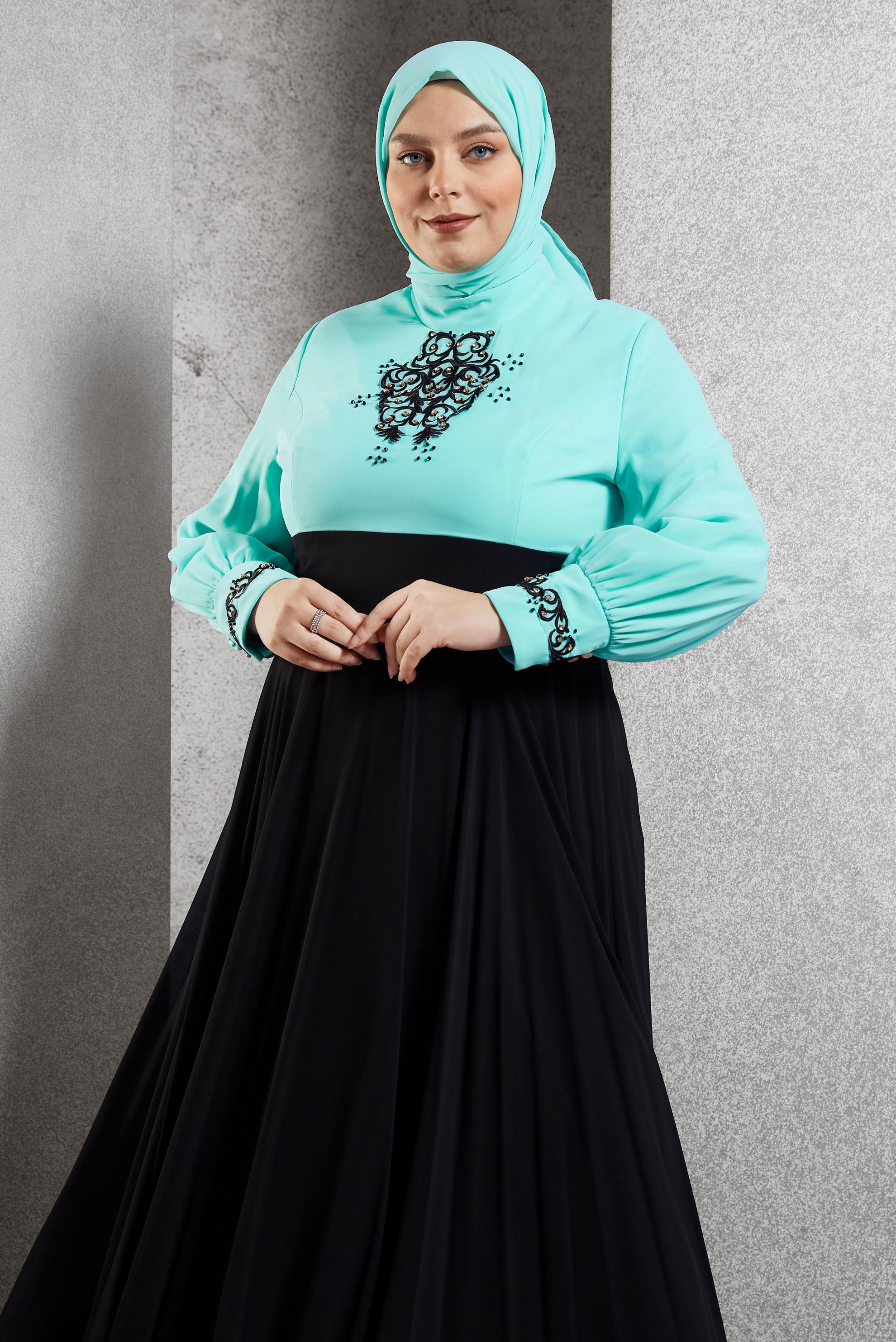 Vêtements hijab VERT ROBE DE SOIRÉE DÉTAIL BRODERIE 5942