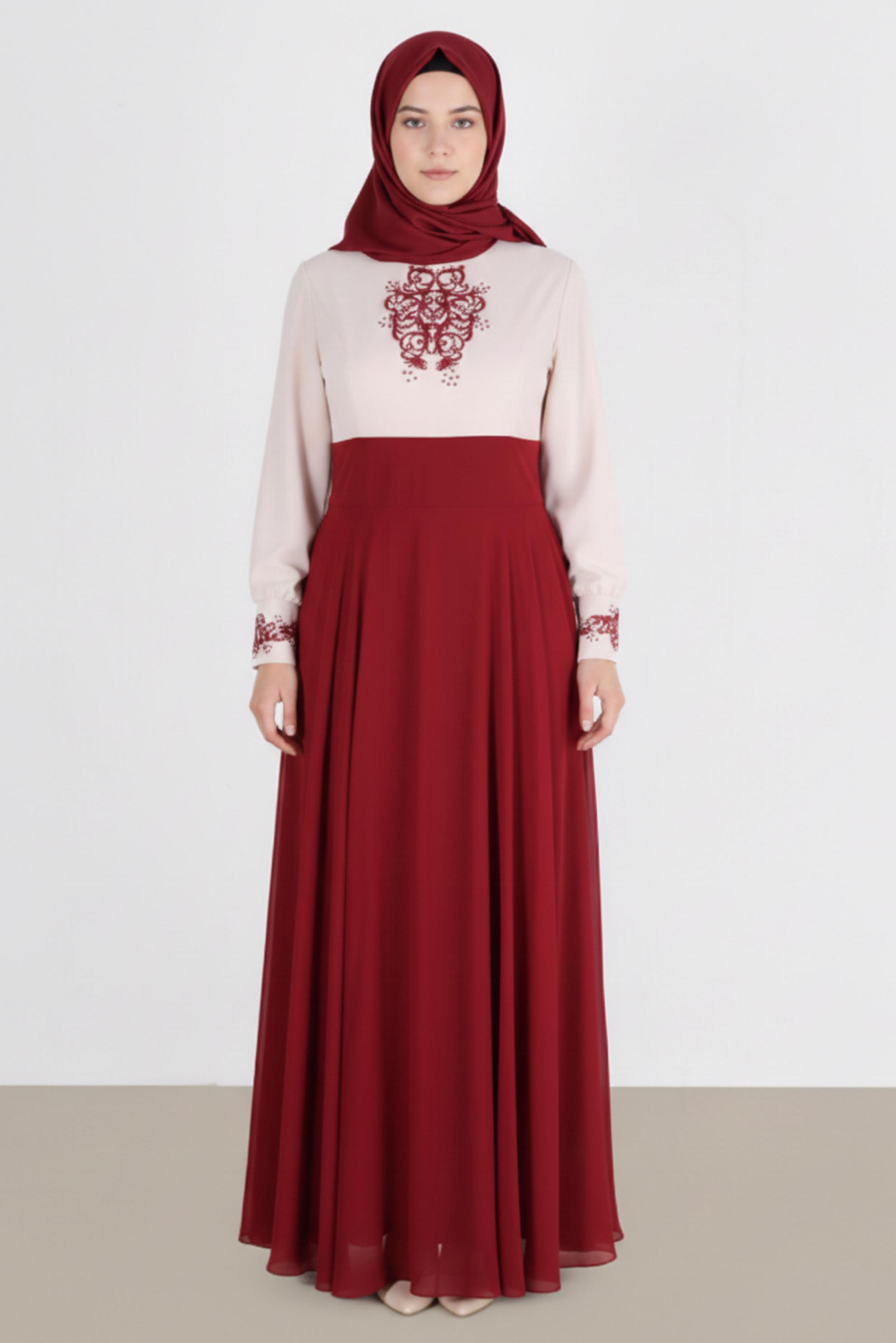 Tesettür giyim EKRU İŞLEME DETAYLI ABİYE ELBİSE 5942 