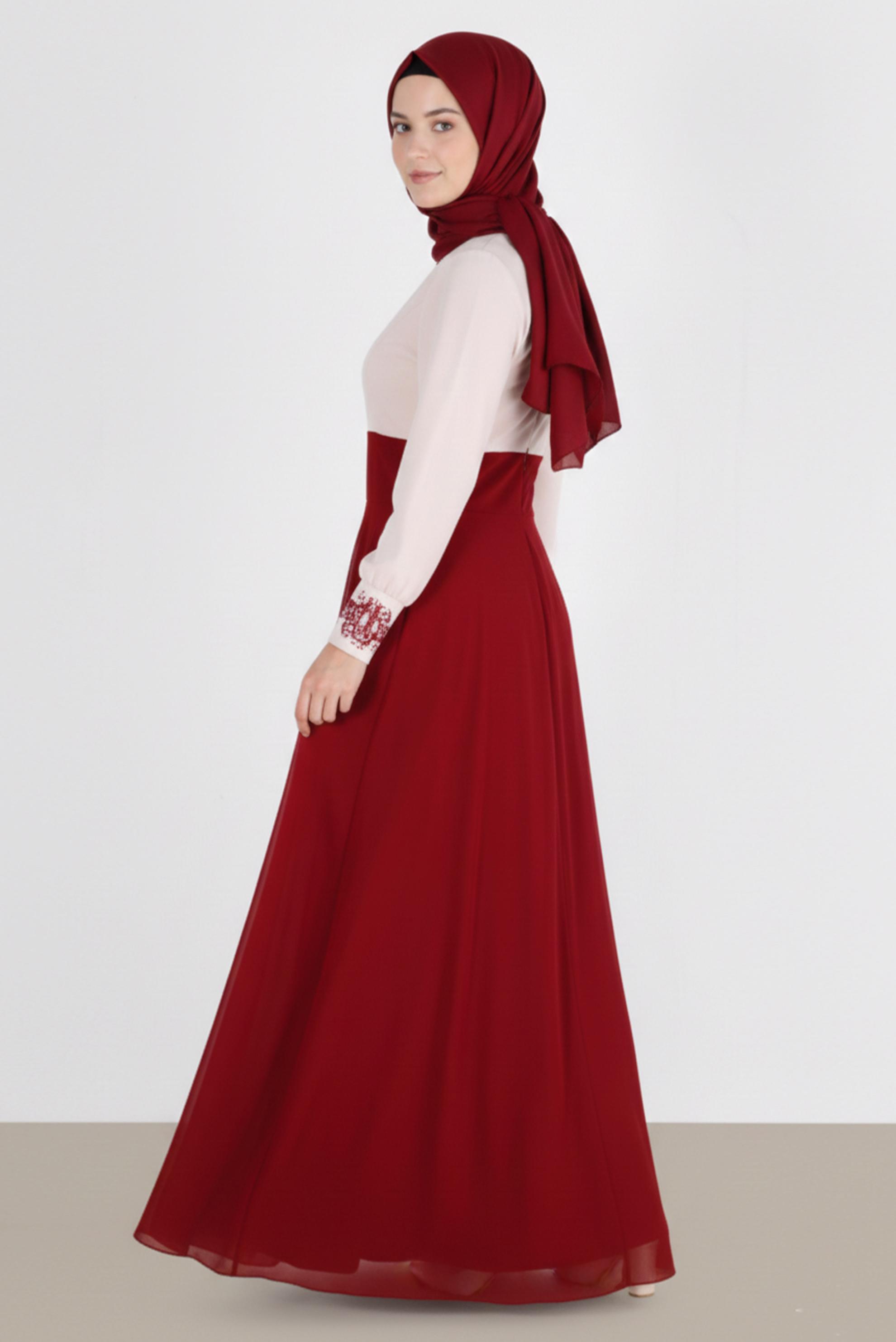 Tesettür giyim EKRU İŞLEME DETAYLI ABİYE ELBİSE 5942 