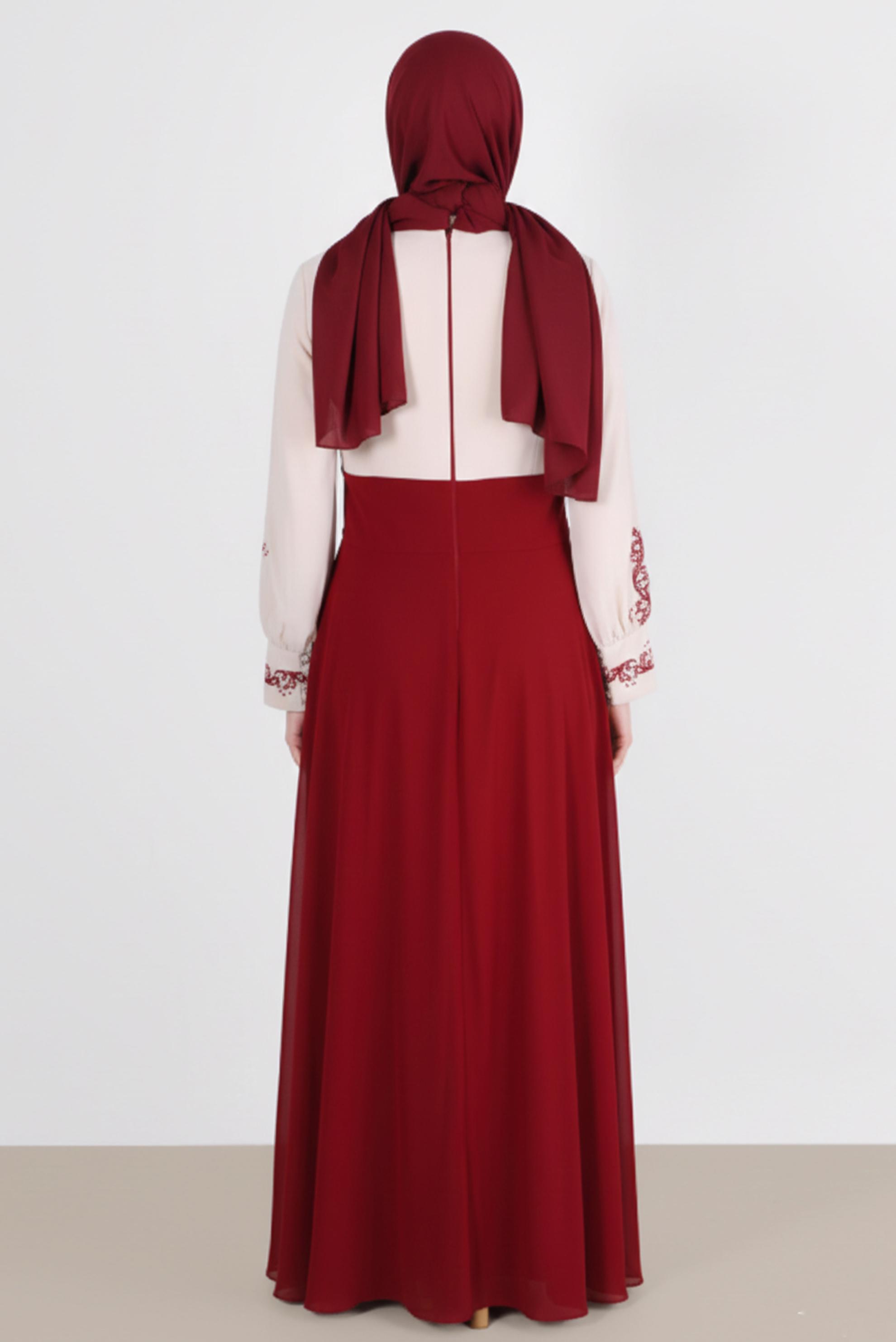 Tesettür giyim EKRU İŞLEME DETAYLI ABİYE ELBİSE 5942 