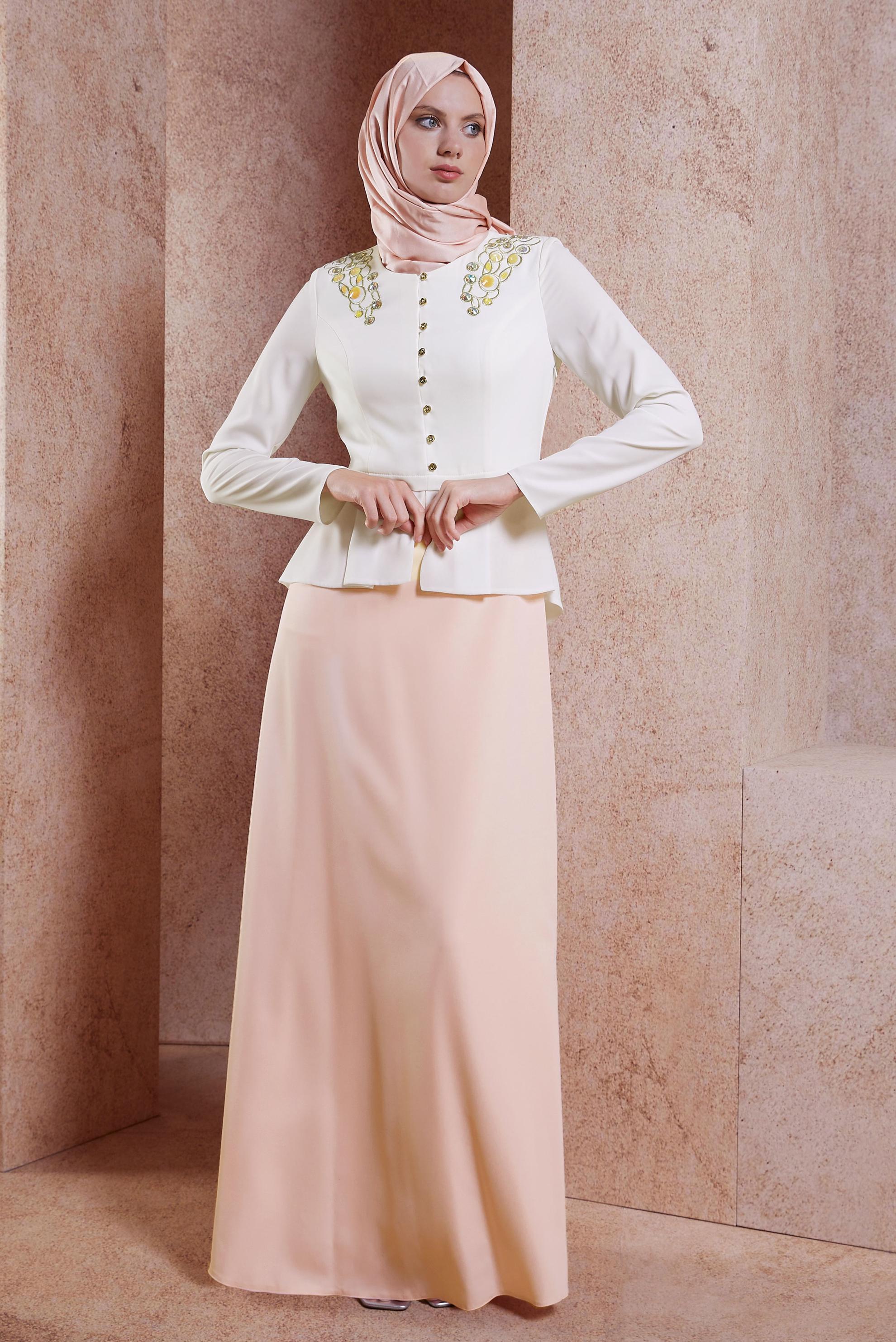 Tesettür giyim PEMBE VOLAN DETAYLI ABİYE ELBİSE 5944