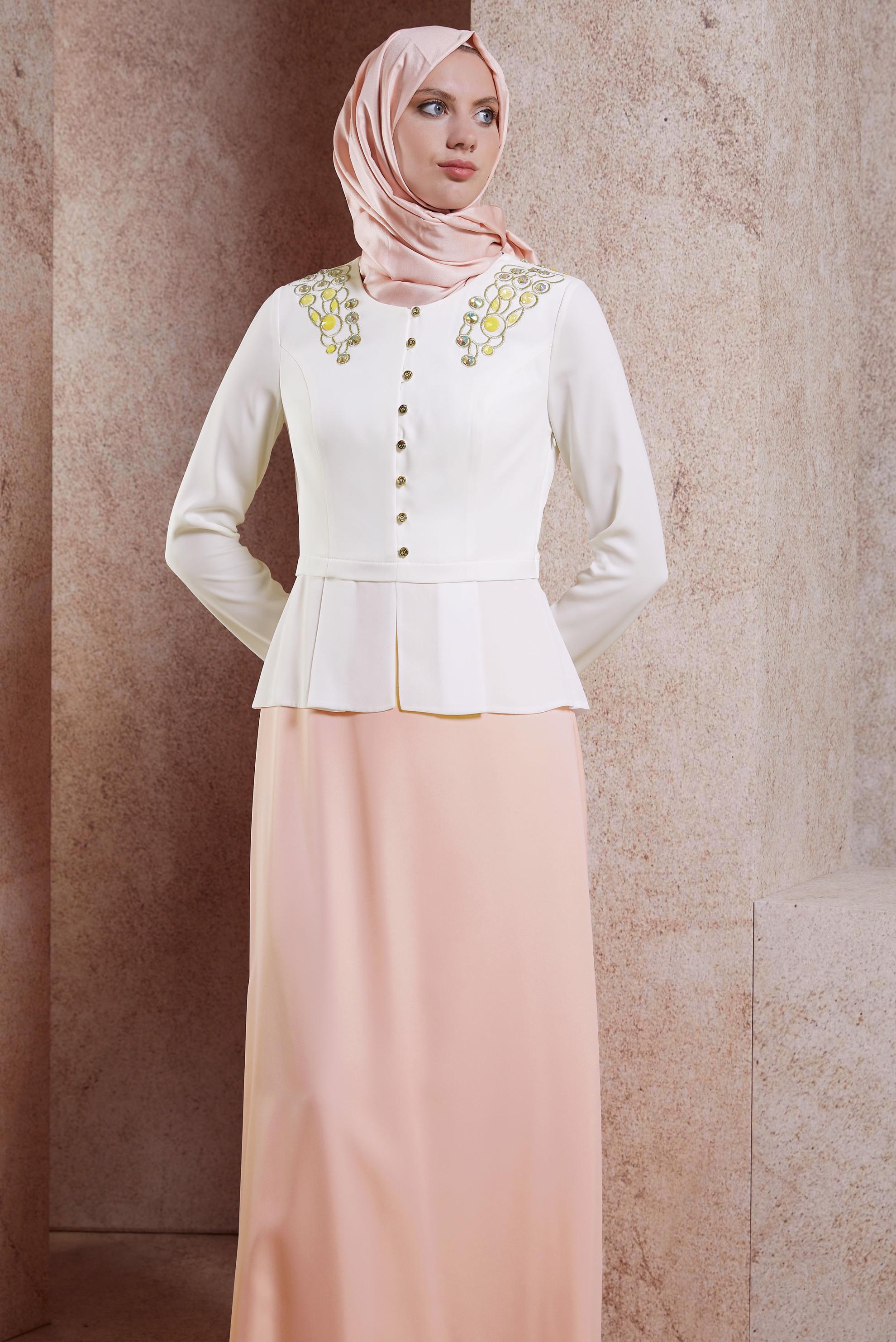 Tesettür giyim PEMBE VOLAN DETAYLI ABİYE ELBİSE 5944