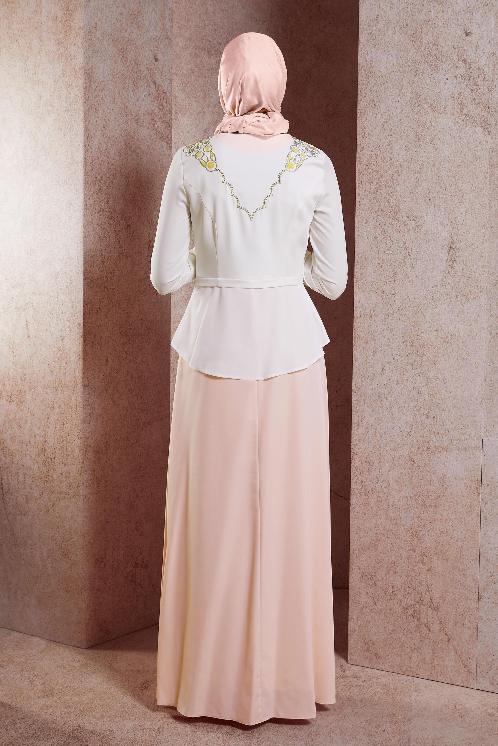 Tesettür giyim PEMBE VOLAN DETAYLI ABİYE ELBİSE 5944