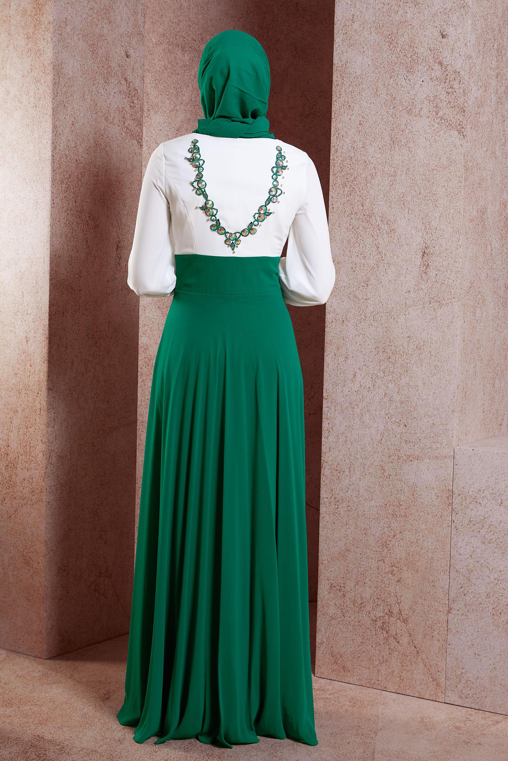 Tesettür giyim YEŞİL İŞLEMELİ TESETTÜR ABİYE ELBİSE 5945