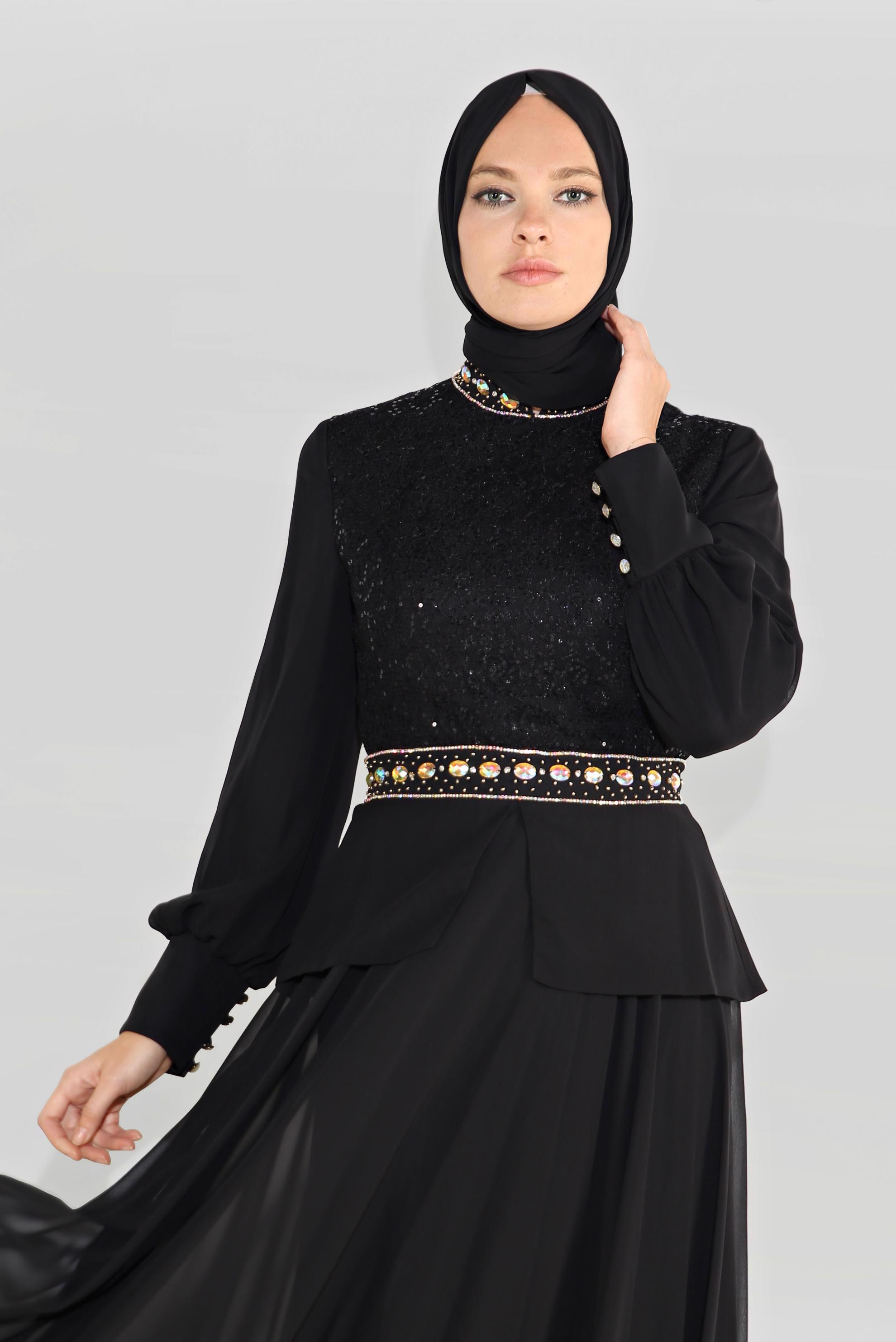Tesettür giyim SİYAH TAŞ DETAYLI ABİYE ELBİSE 5948