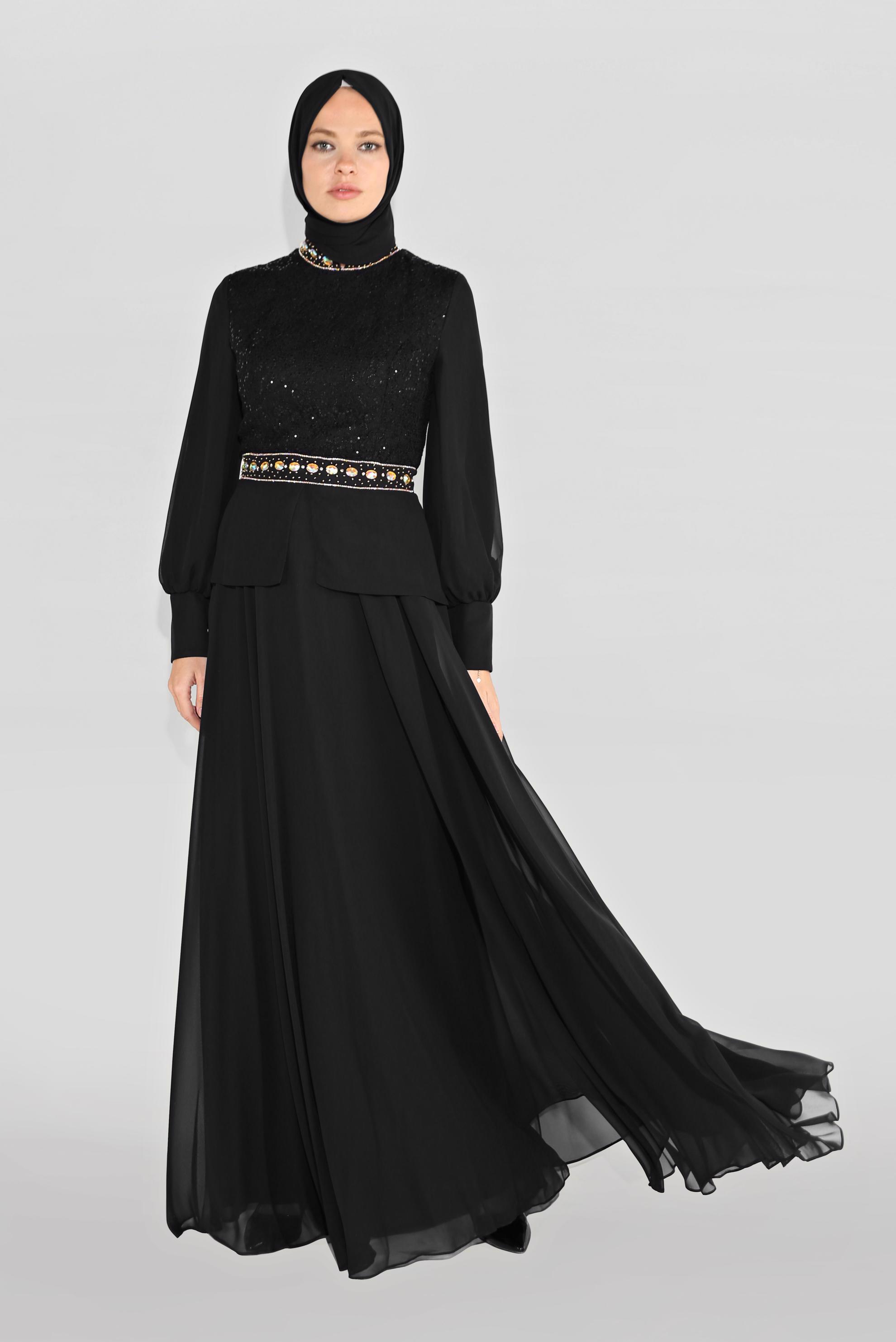 Tesettür giyim SİYAH TAŞ DETAYLI ABİYE ELBİSE 5948