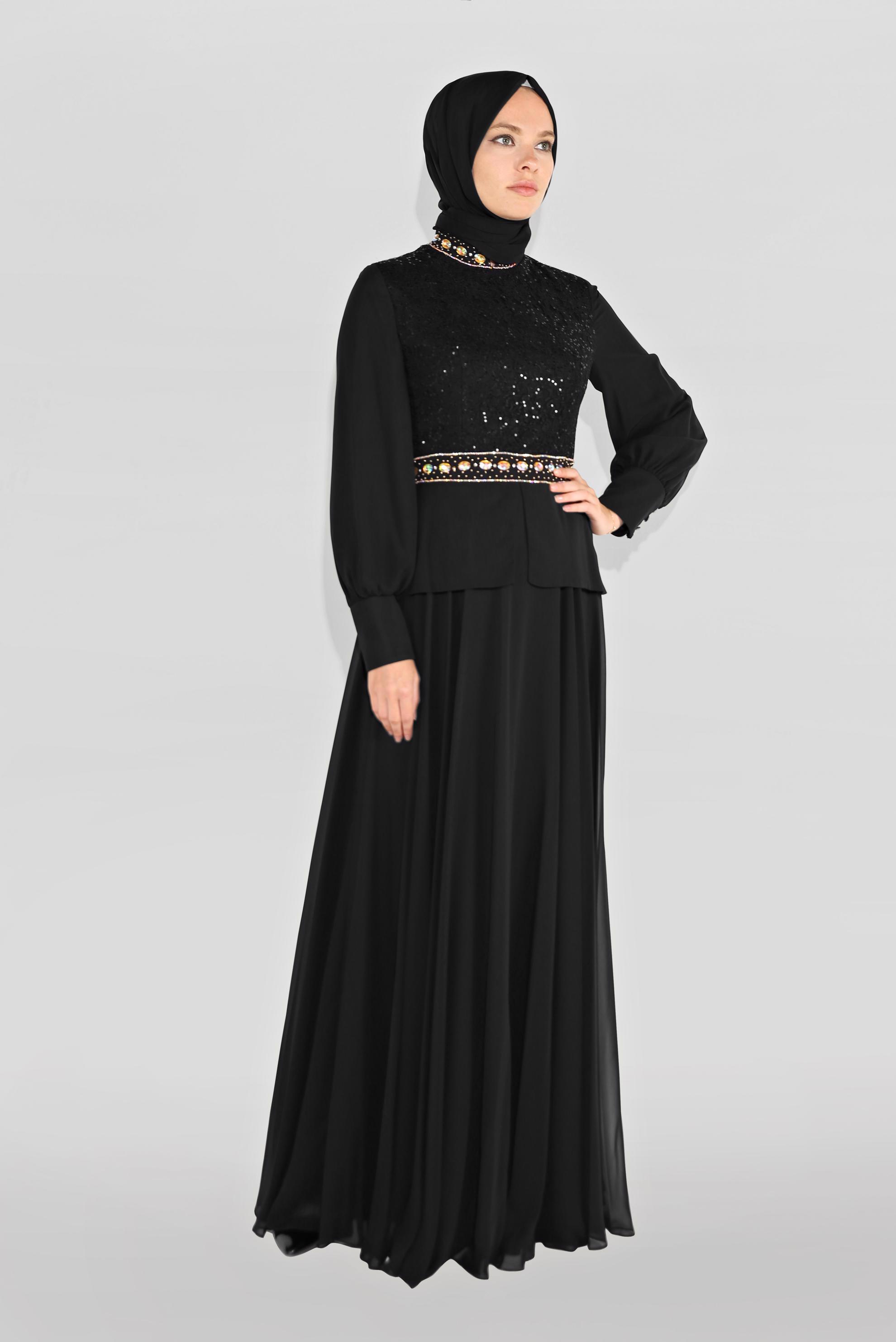 Tesettür giyim SİYAH TAŞ DETAYLI ABİYE ELBİSE 5948