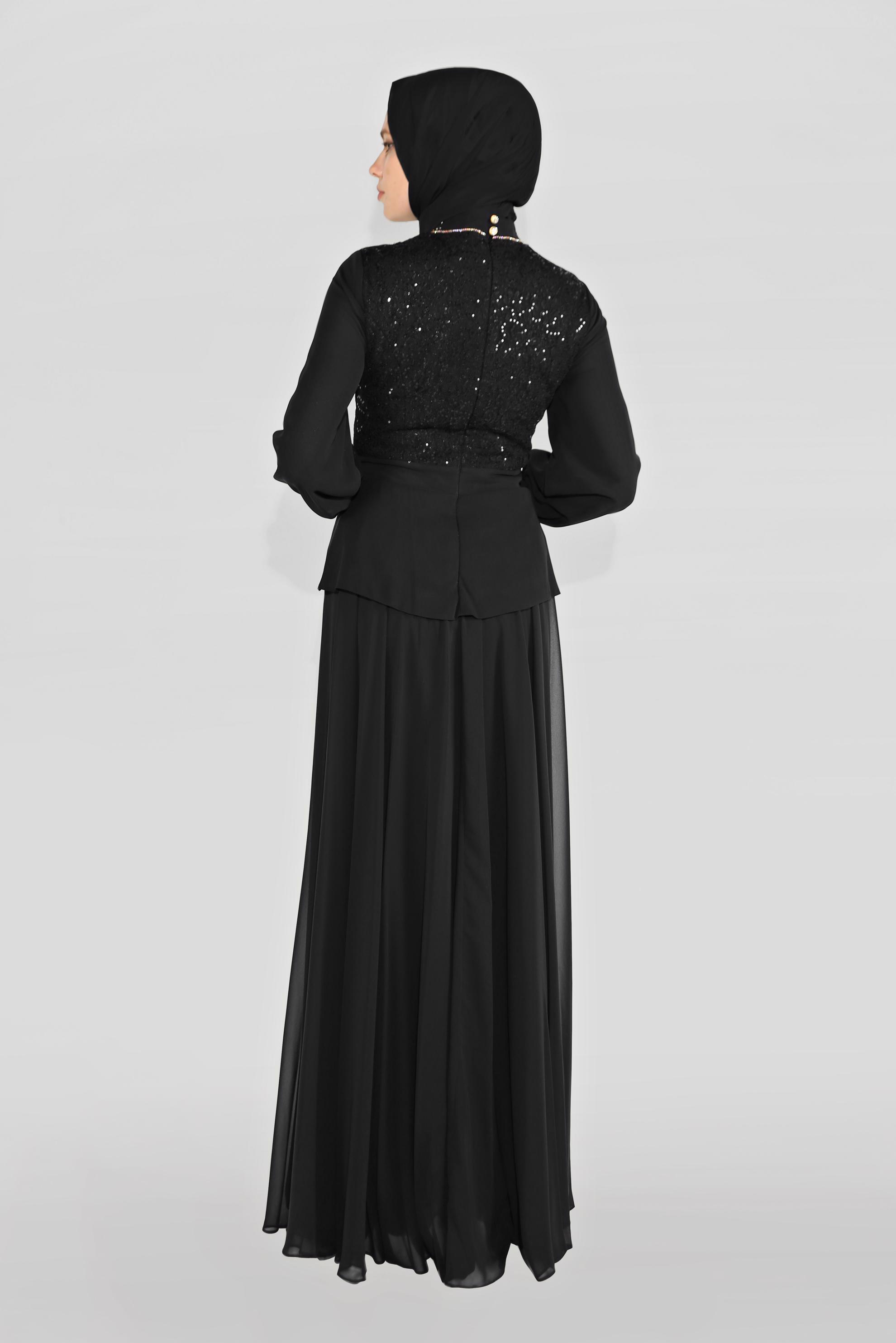 Tesettür giyim SİYAH TAŞ DETAYLI ABİYE ELBİSE 5948