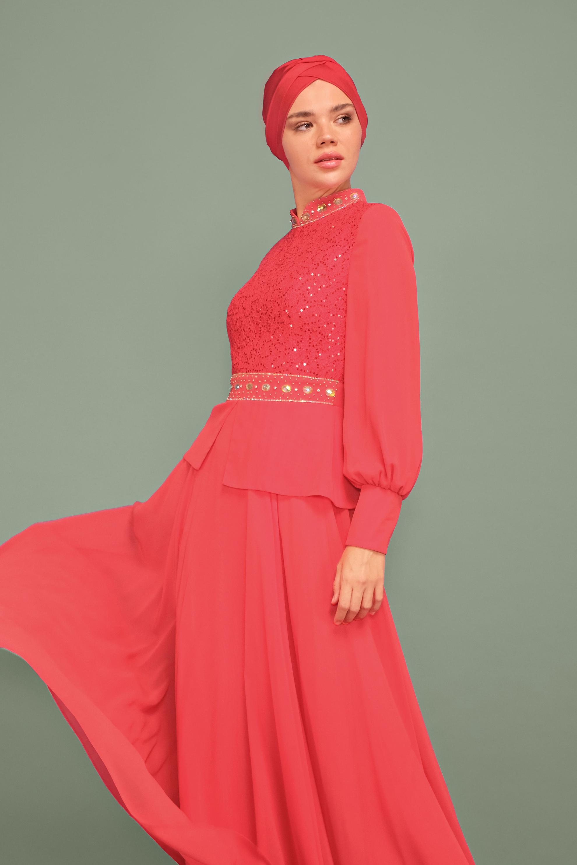 Tesettür giyim MERCAN TAŞ DETAYLI ABİYE ELBİSE 5948