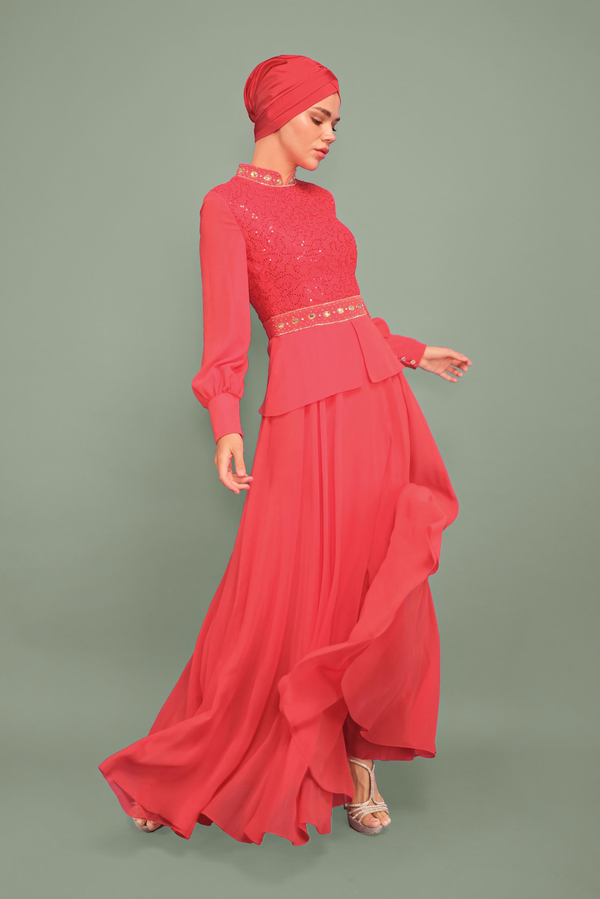 Tesettür giyim MERCAN TAŞ DETAYLI ABİYE ELBİSE 5948