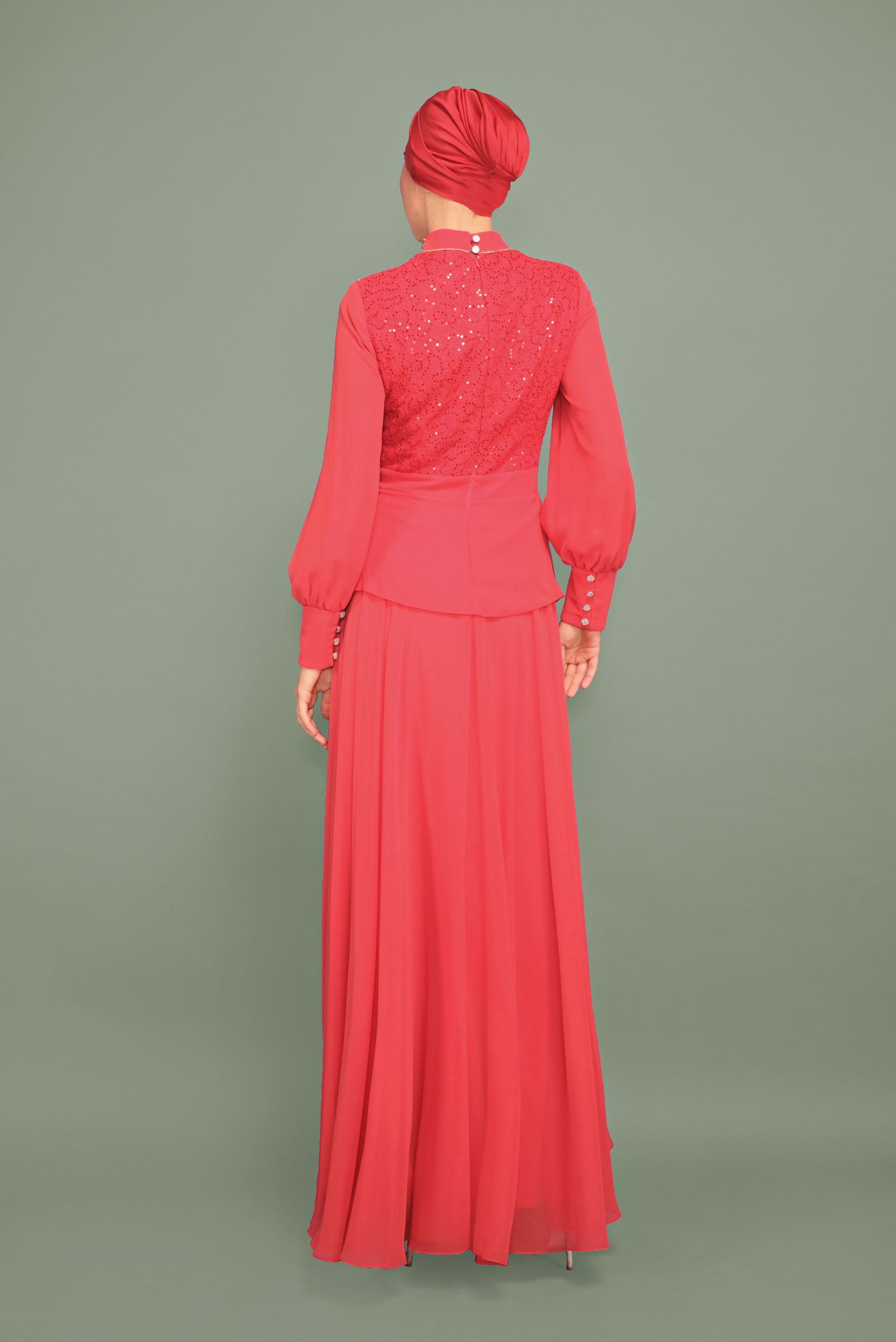 Tesettür giyim MERCAN TAŞ DETAYLI ABİYE ELBİSE 5948