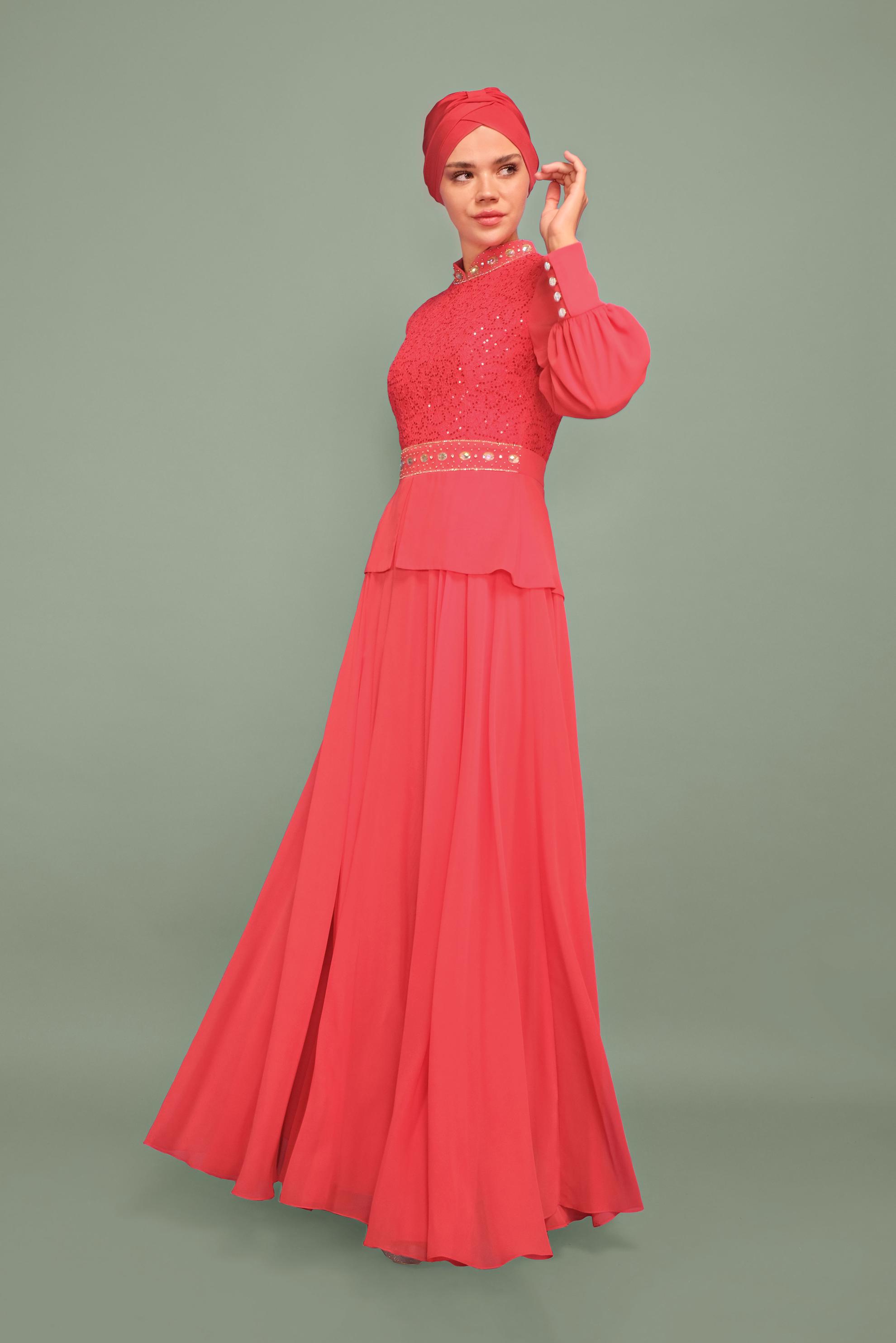 Tesettür giyim MERCAN TAŞ DETAYLI ABİYE ELBİSE 5948