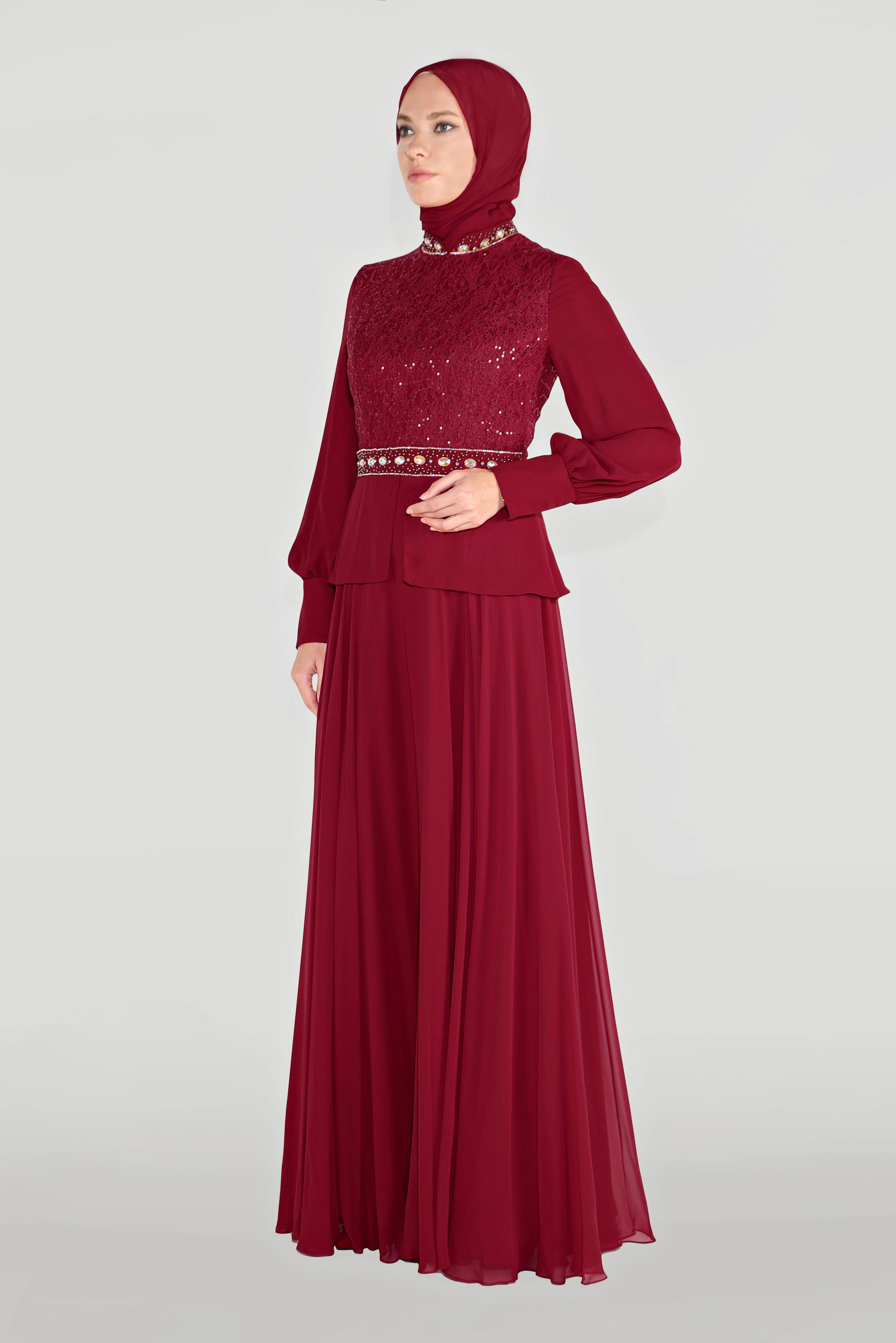 Tesettür giyim BORDO TAŞ DETAYLI ABİYE ELBİSE 5948