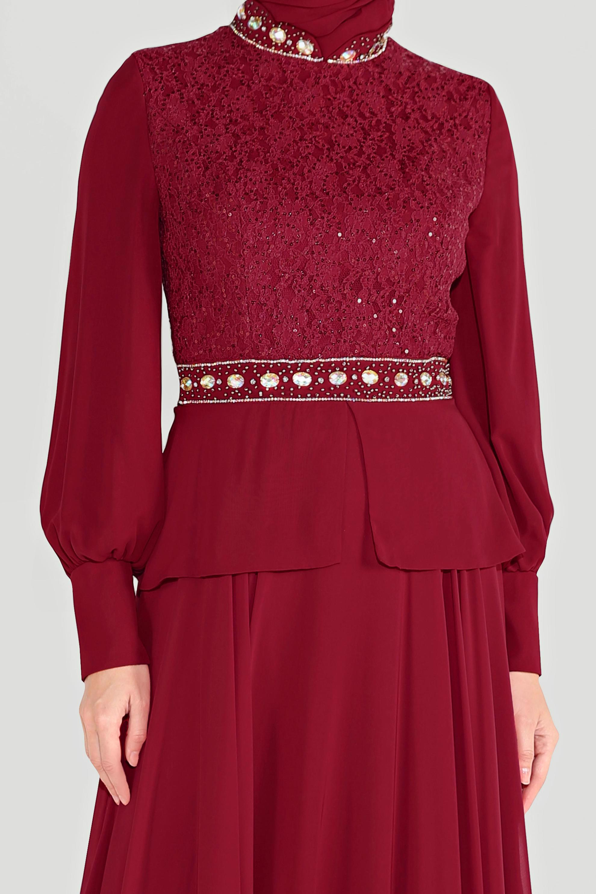 Tesettür giyim BORDO TAŞ DETAYLI ABİYE ELBİSE 5948