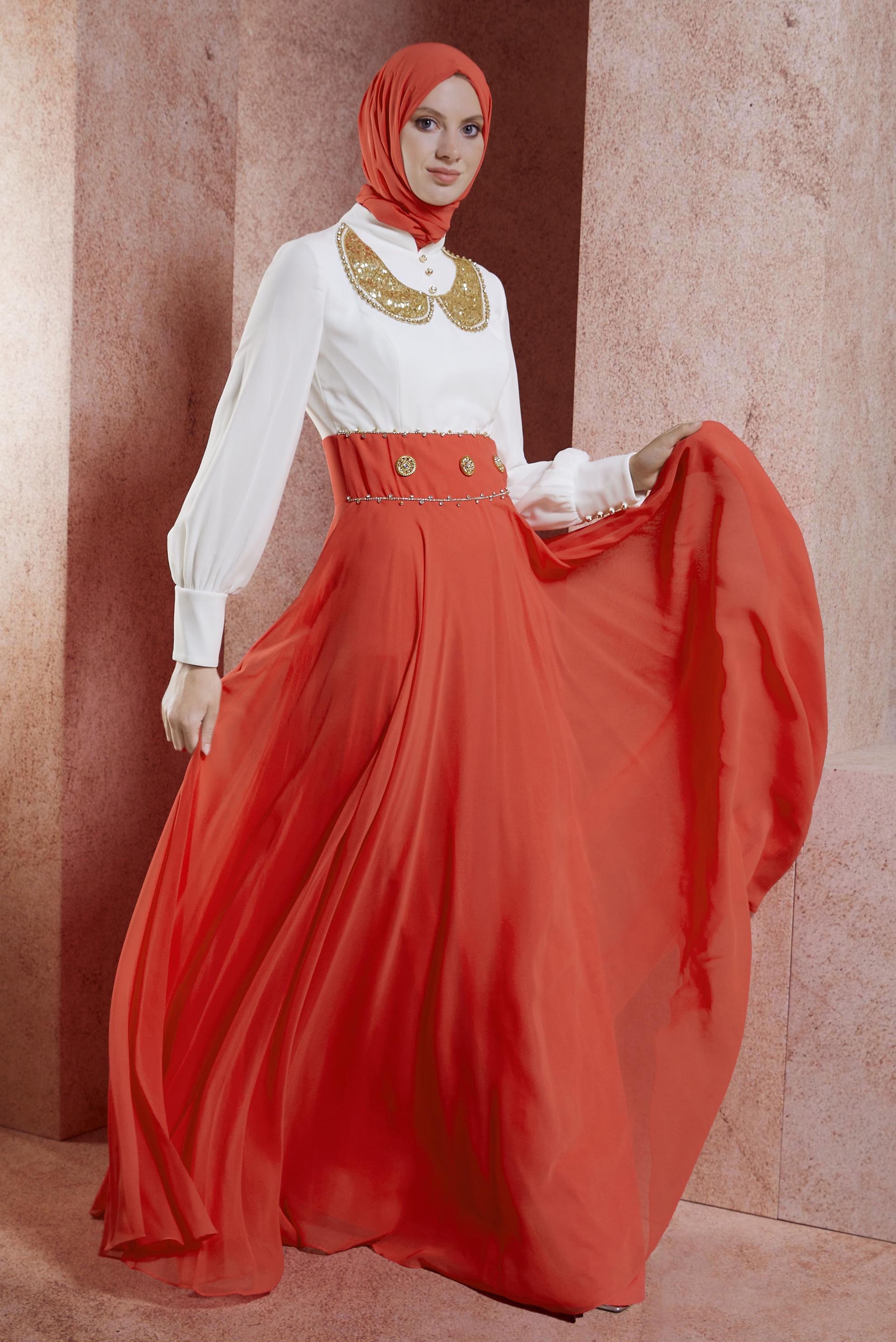 Tesettür giyim MERCAN TAŞLI ŞİFON ABİYE ELBİSE 5950