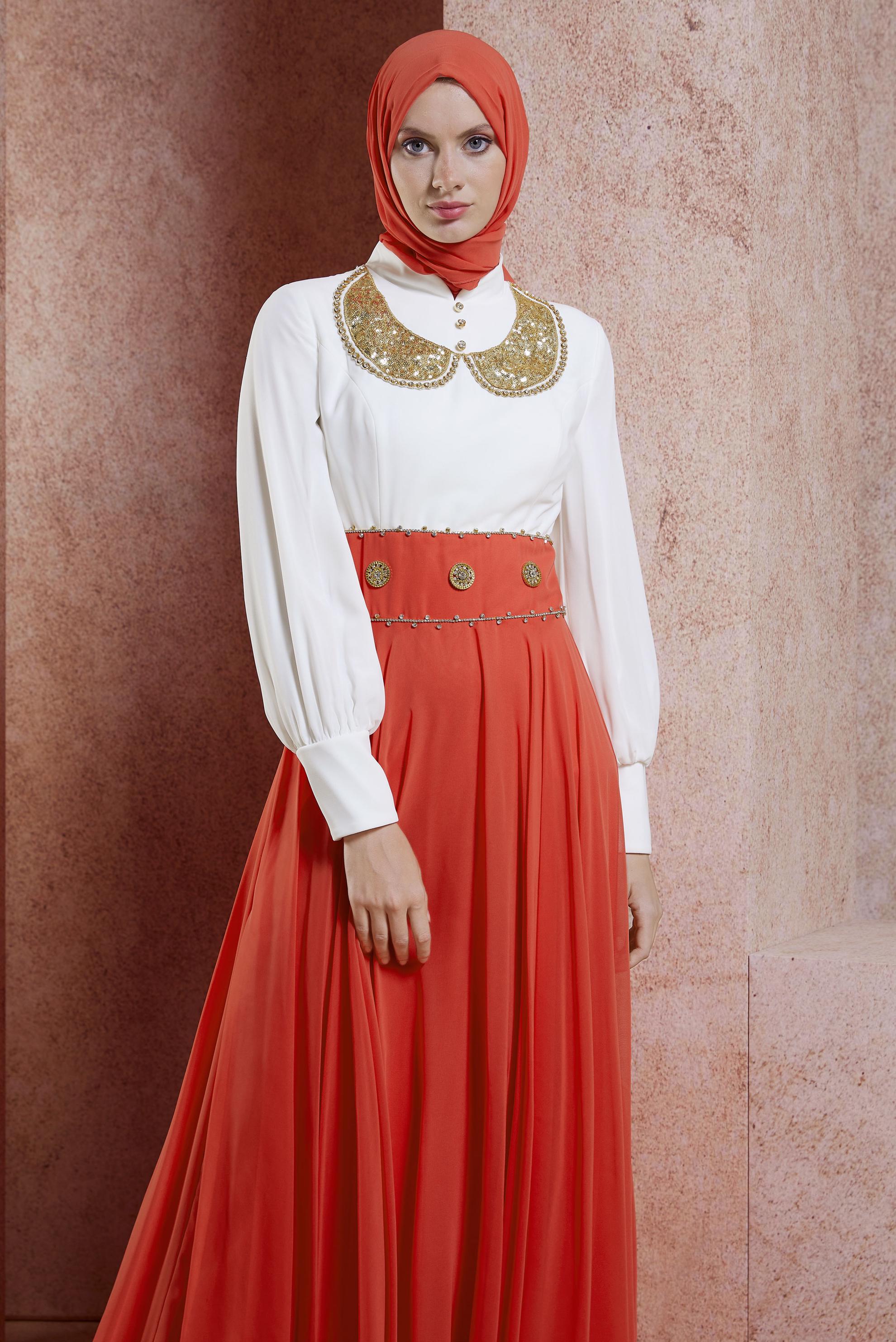 Tesettür giyim MERCAN TAŞLI ŞİFON ABİYE ELBİSE 5950