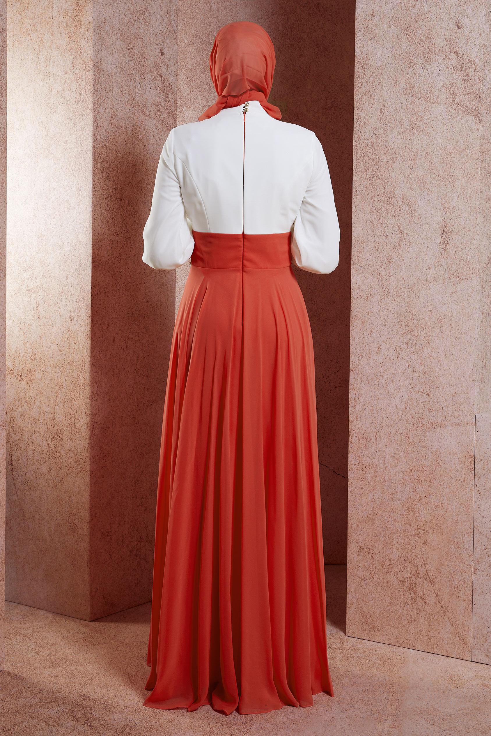 Tesettür giyim MERCAN TAŞLI ŞİFON ABİYE ELBİSE 5950