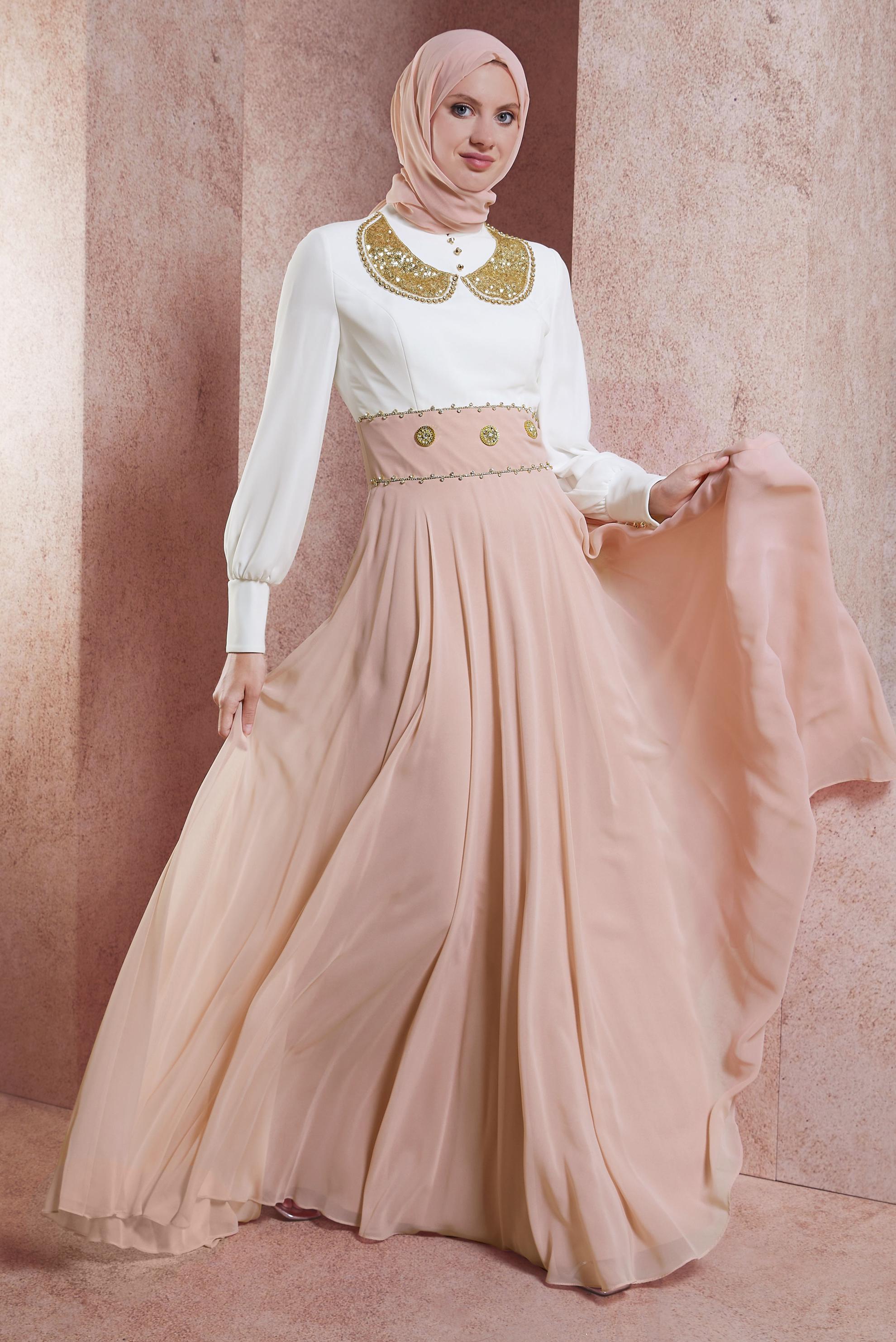 Tesettür giyim PUDRA TAŞLI ŞİFON ABİYE ELBİSE 5950