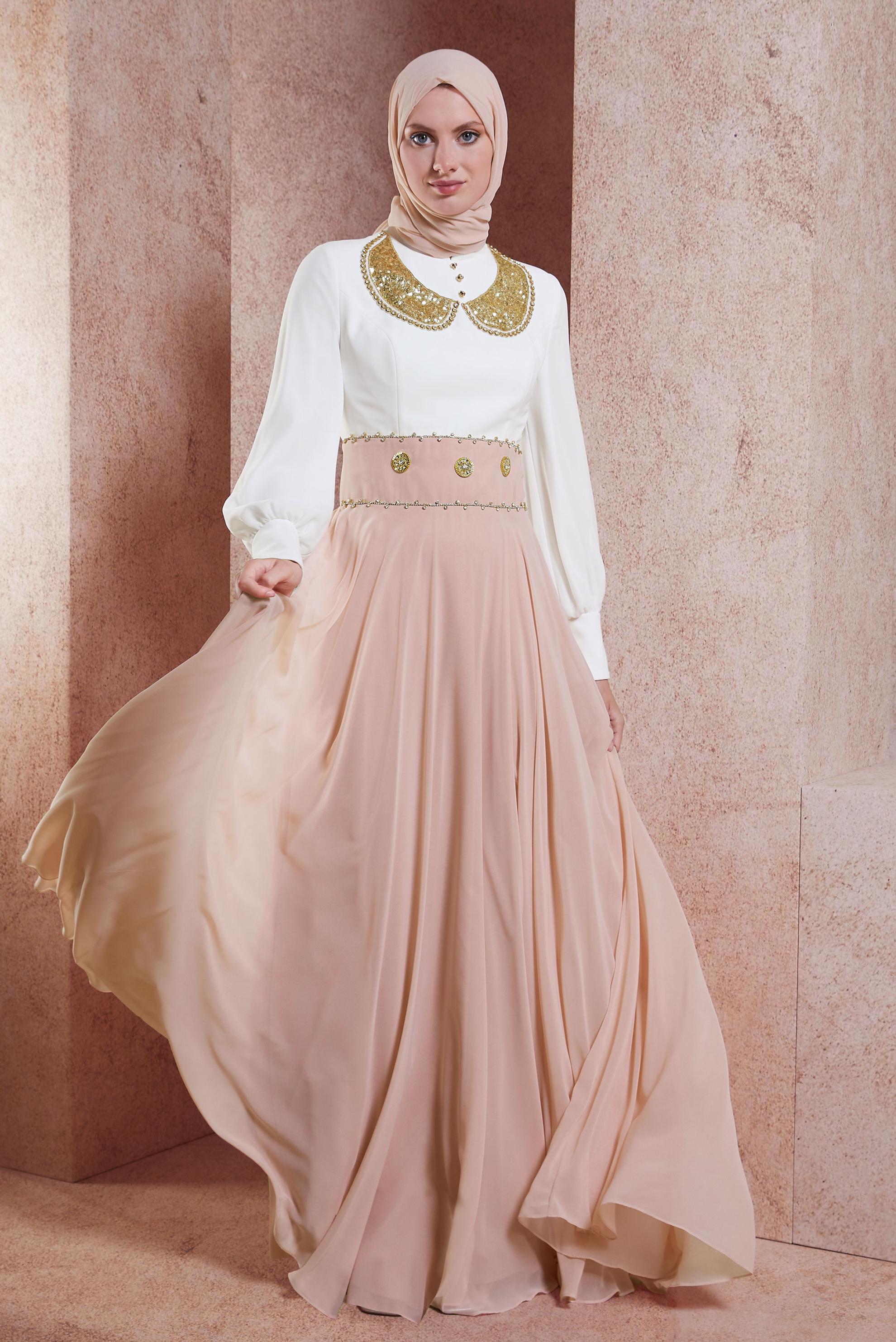 Tesettür giyim PUDRA TAŞLI ŞİFON ABİYE ELBİSE 5950