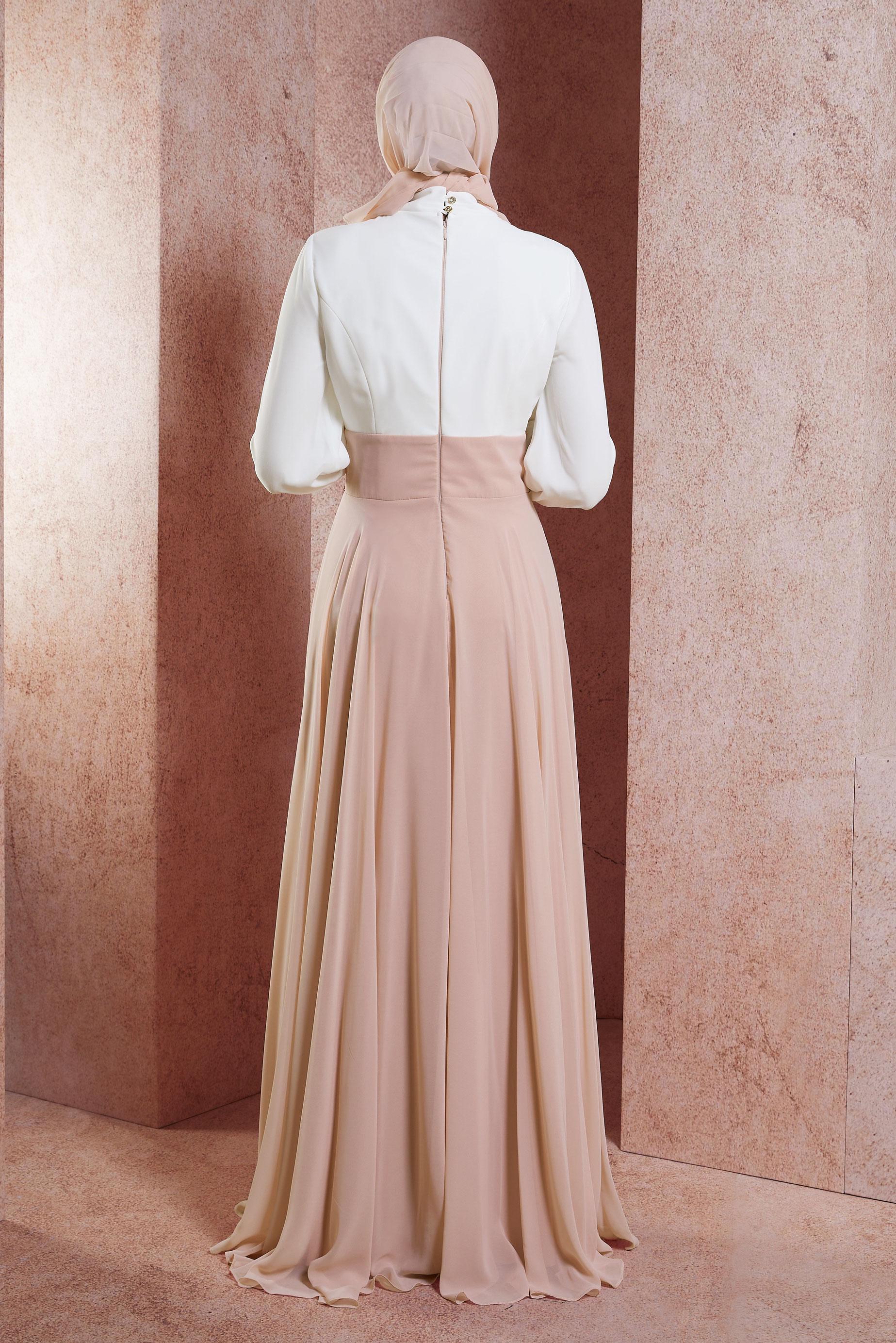 Tesettür giyim PUDRA TAŞLI ŞİFON ABİYE ELBİSE 5950