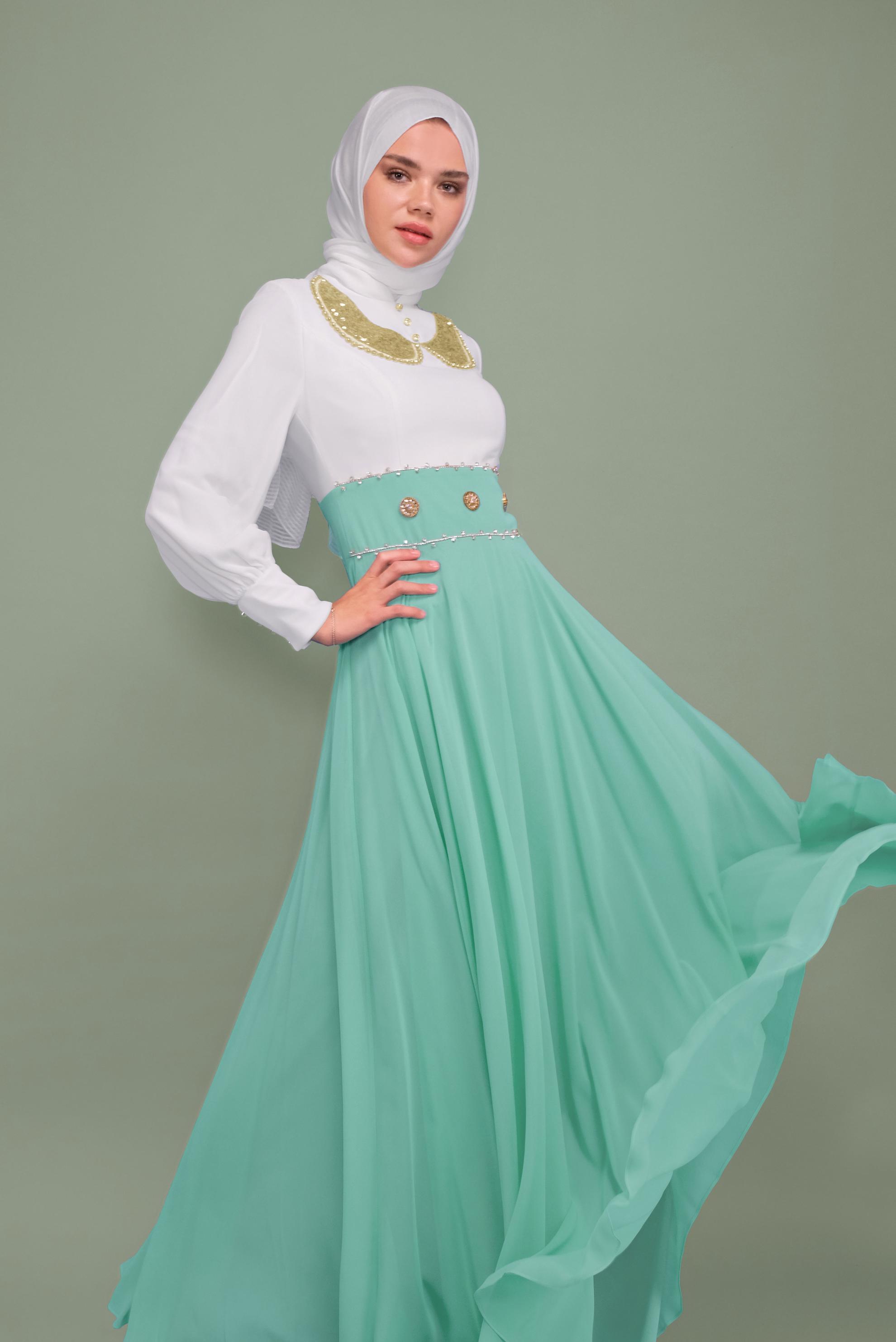 Tesettür giyim YEŞİL TAŞLI ŞİFON ABİYE ELBİSE 5950