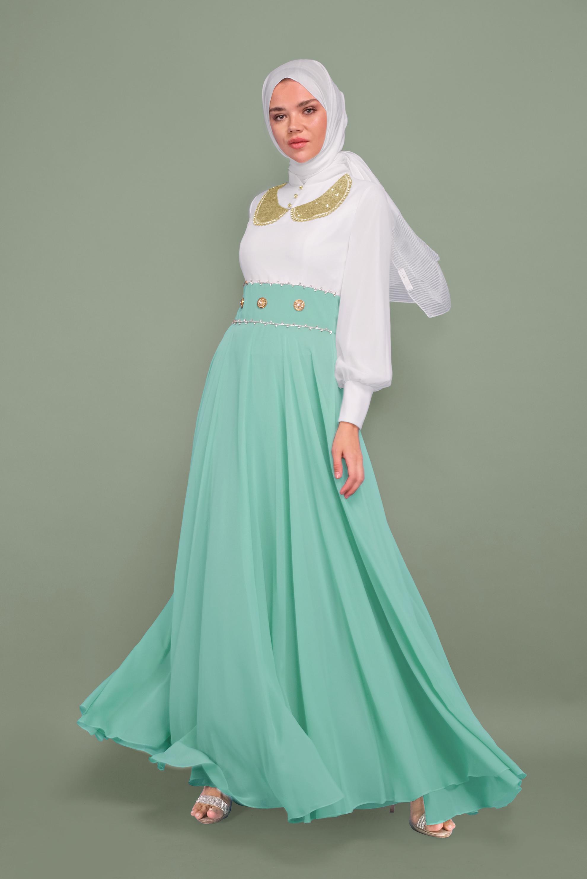 Tesettür giyim YEŞİL TAŞLI ŞİFON ABİYE ELBİSE 5950