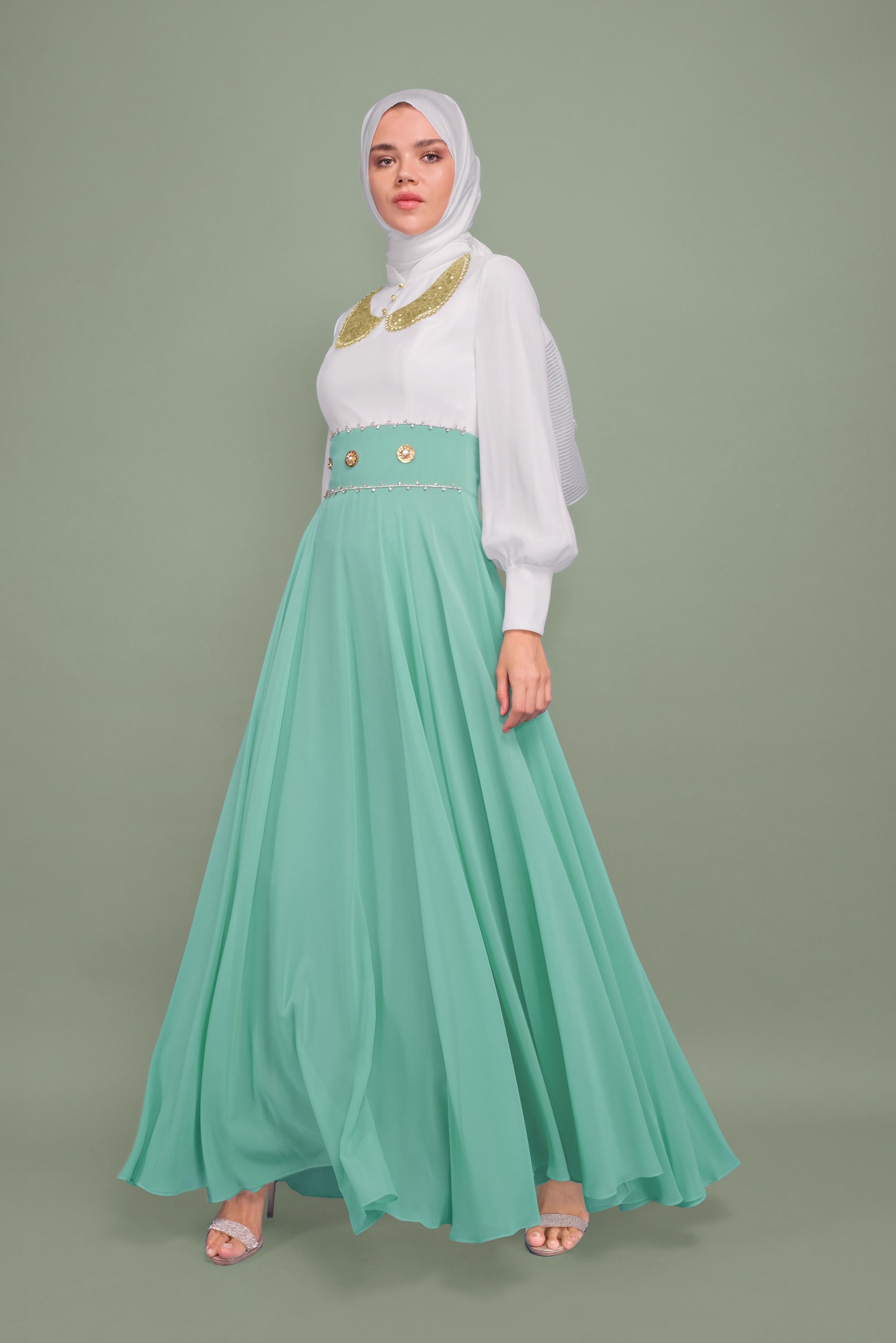 Tesettür giyim YEŞİL TAŞLI ŞİFON ABİYE ELBİSE 5950